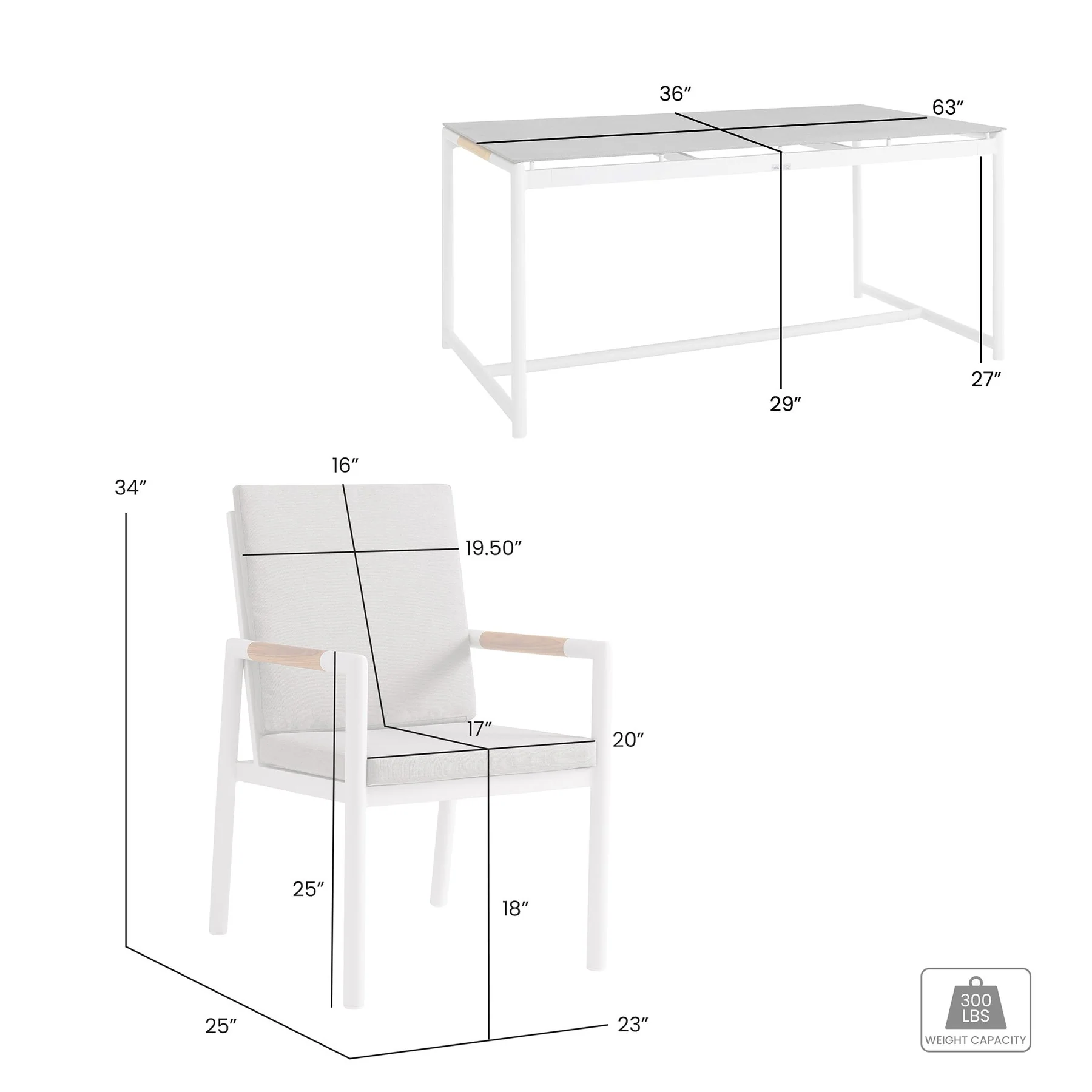 Crown 5 Piece White Aluminum and Teak Outdoor Dining Set with Light Gray Fabric - Image 8