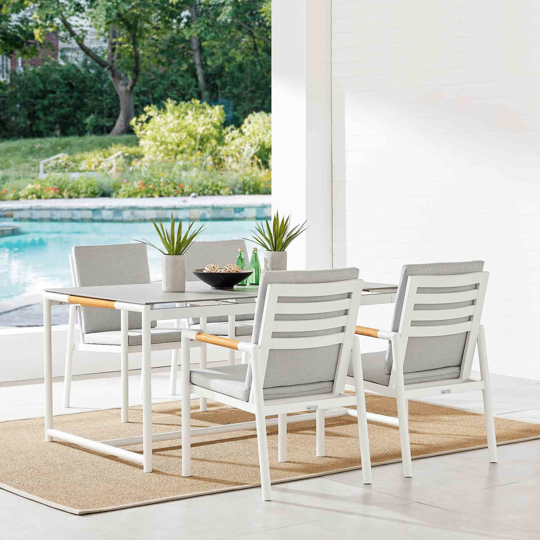 Crown 5 Piece White Aluminum and Teak Outdoor Dining Set with Light Gray Fabric - Image 9