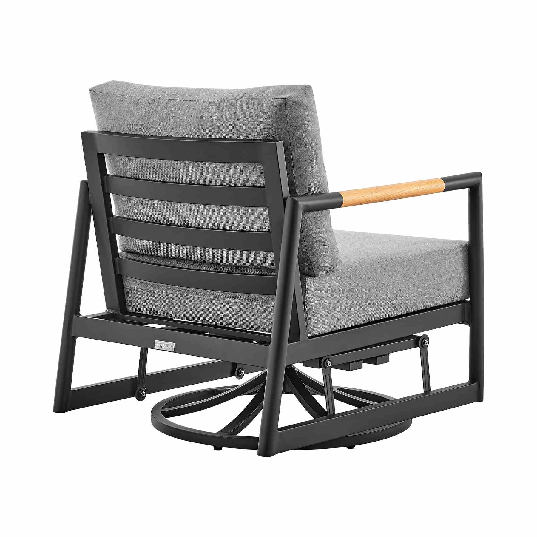 Crown and Clementine 3 Piece Outdoor Patio Swivel Seating Set in Black Aluminum with Teak Wood and Gray Cushions - Image 4