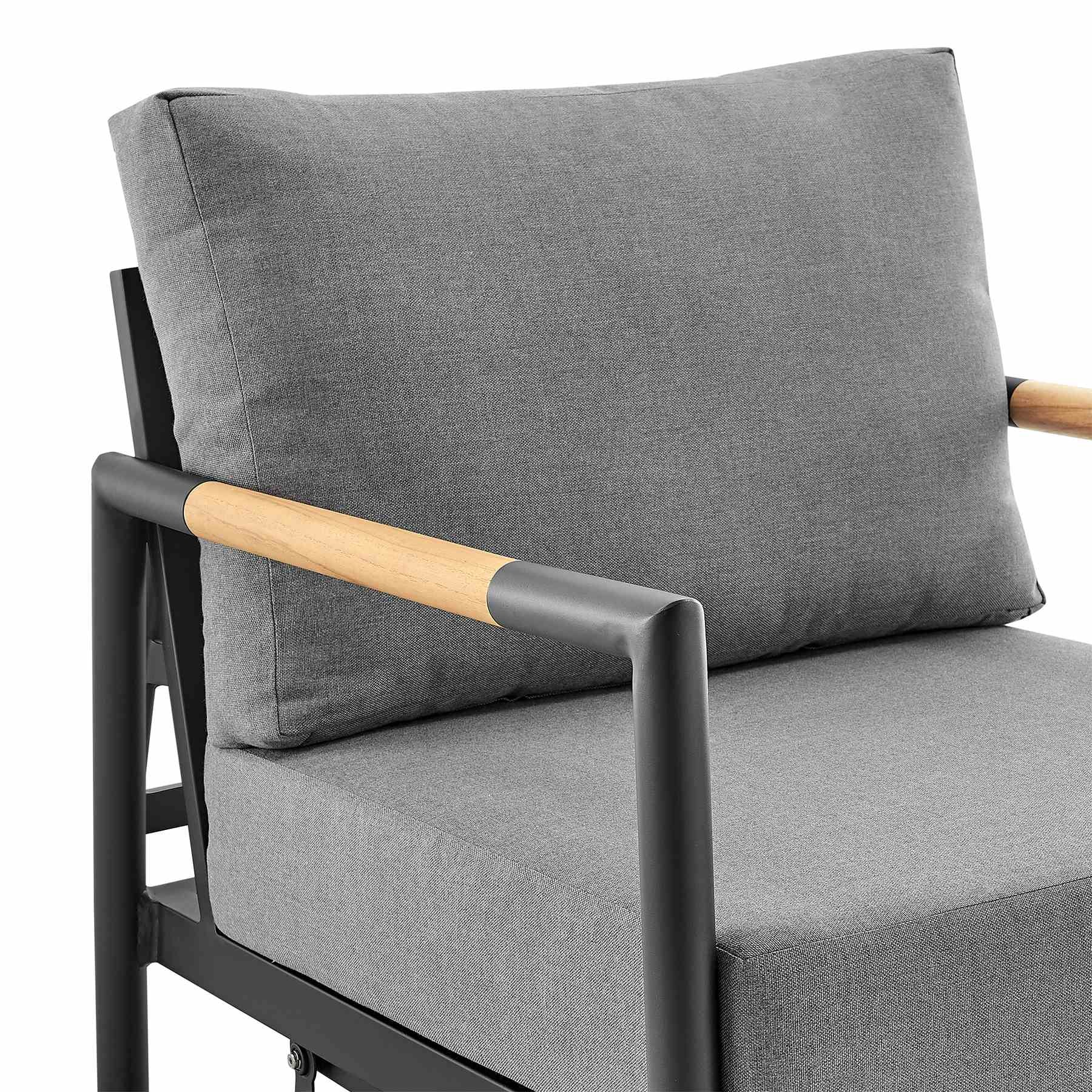 Crown and Clementine 3 Piece Outdoor Patio Swivel Seating Set in Black Aluminum with Teak Wood and Gray Cushions - Image 6