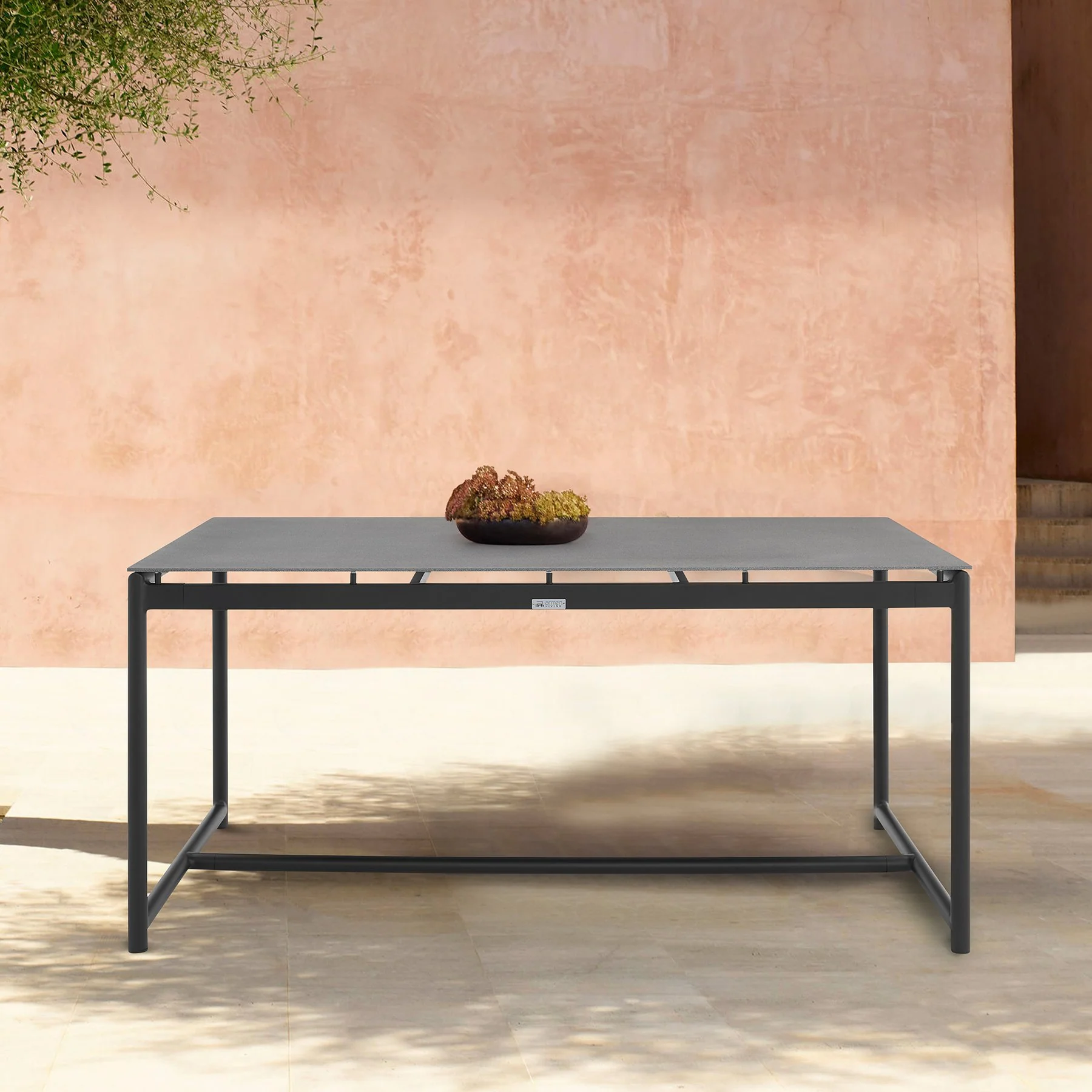 Crown Black Aluminum and Teak Outdoor Dining Table with Stone Top - Image 7