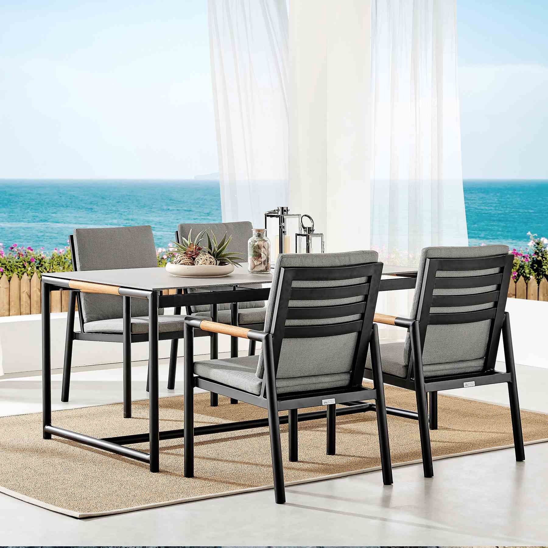 Crown Black Aluminum and Teak Outdoor Dining Table with Stone Top - Image 8