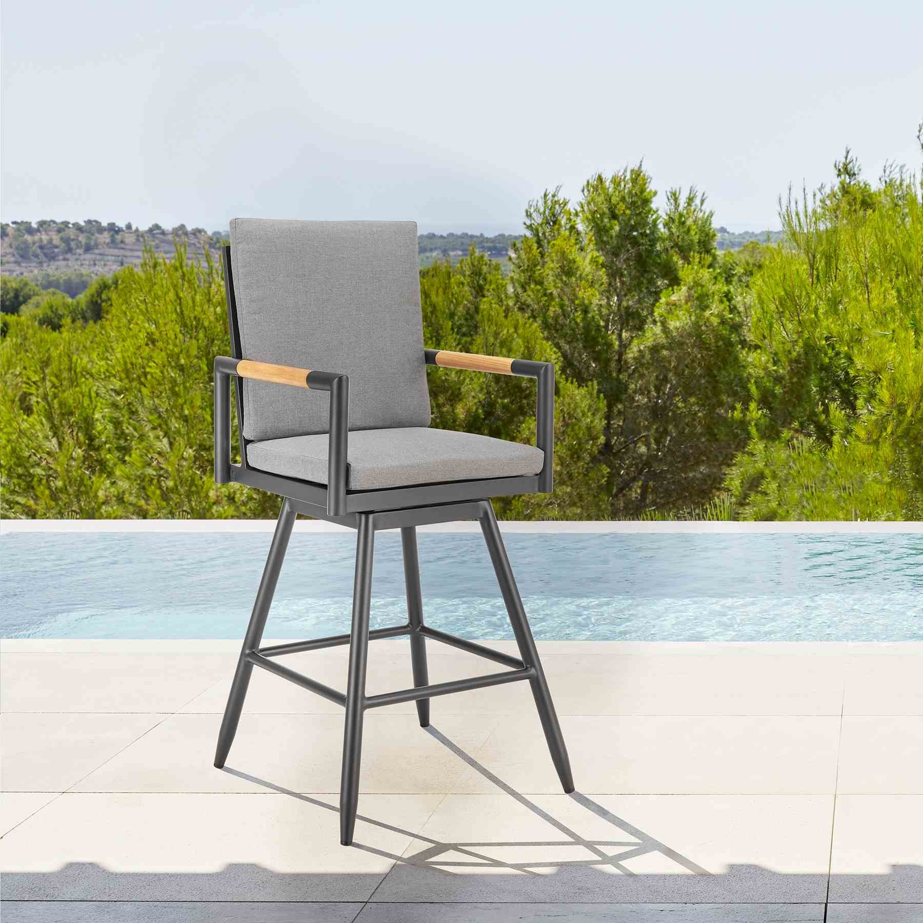 Crown Outdoor Patio Swivel Bar Stool in Black Aluminum with Wood Accent and Dark Gray Cushions - Image 10