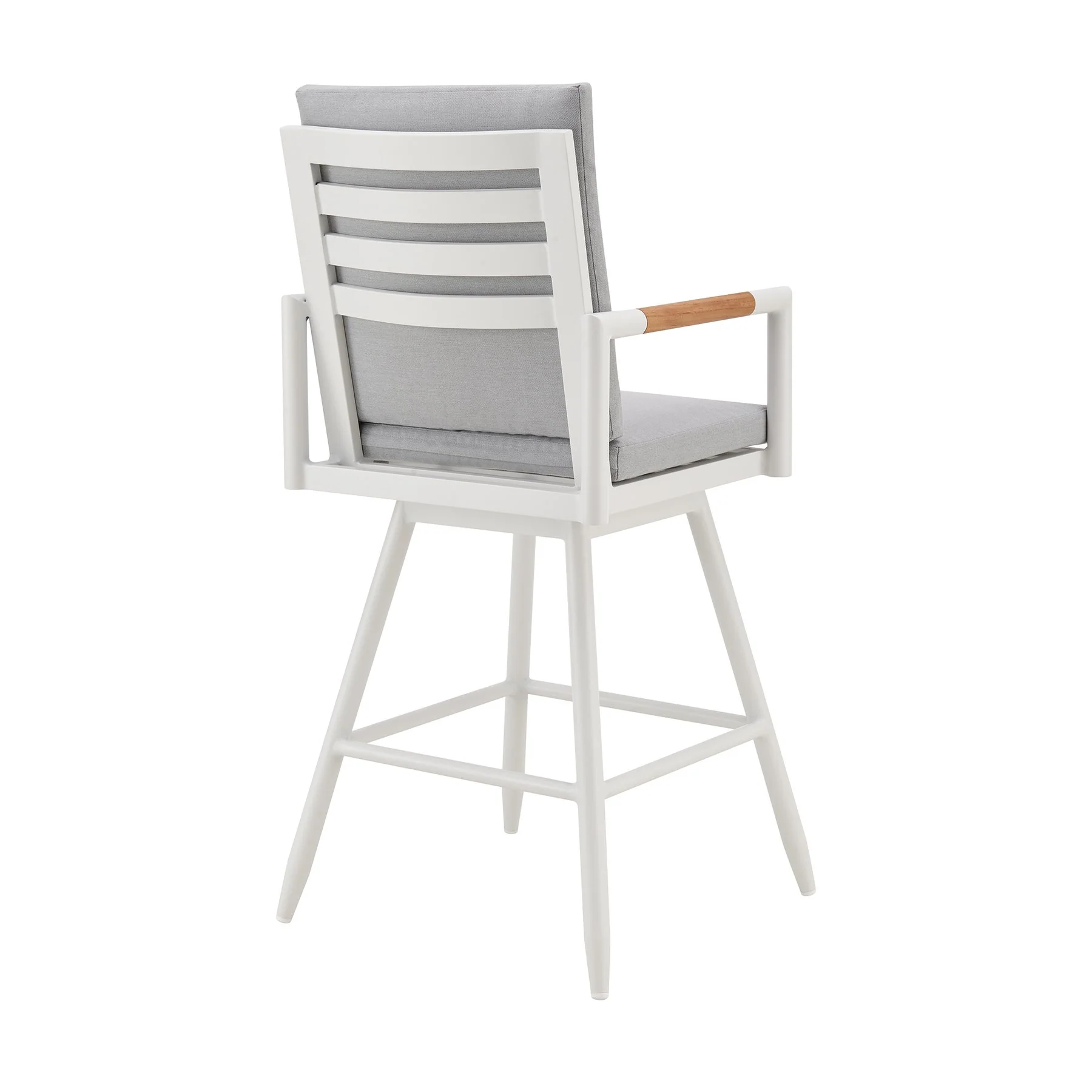 Crown Outdoor Patio Swivel Bar Stool in White Aluminum with Wood Accent and Light Gray Cushions - Image 3