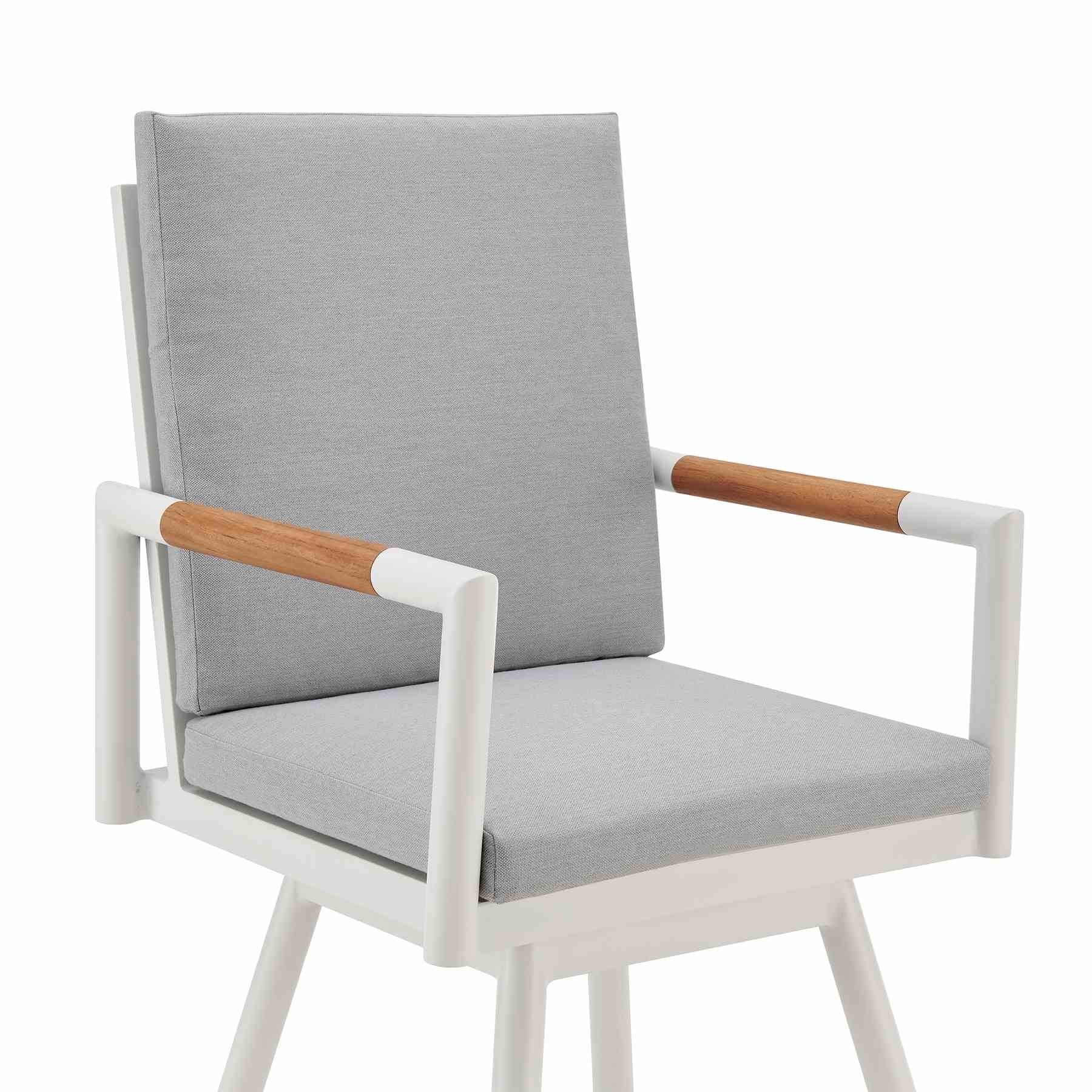Crown Outdoor Patio Swivel Bar Stool in White Aluminum with Wood Accent and Light Gray Cushions - Image 4