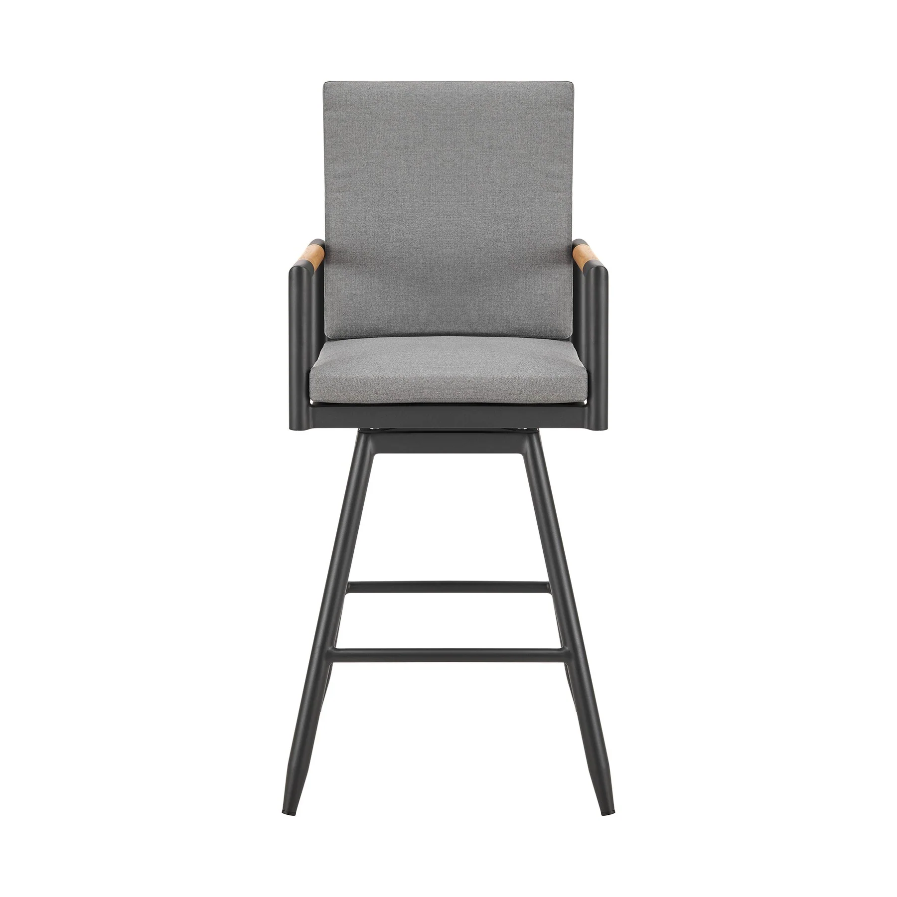 Crown Outdoor Patio Swivel Counter Stool in Black Aluminum with Wood Accent and Dark Gray Cushions - Image 2