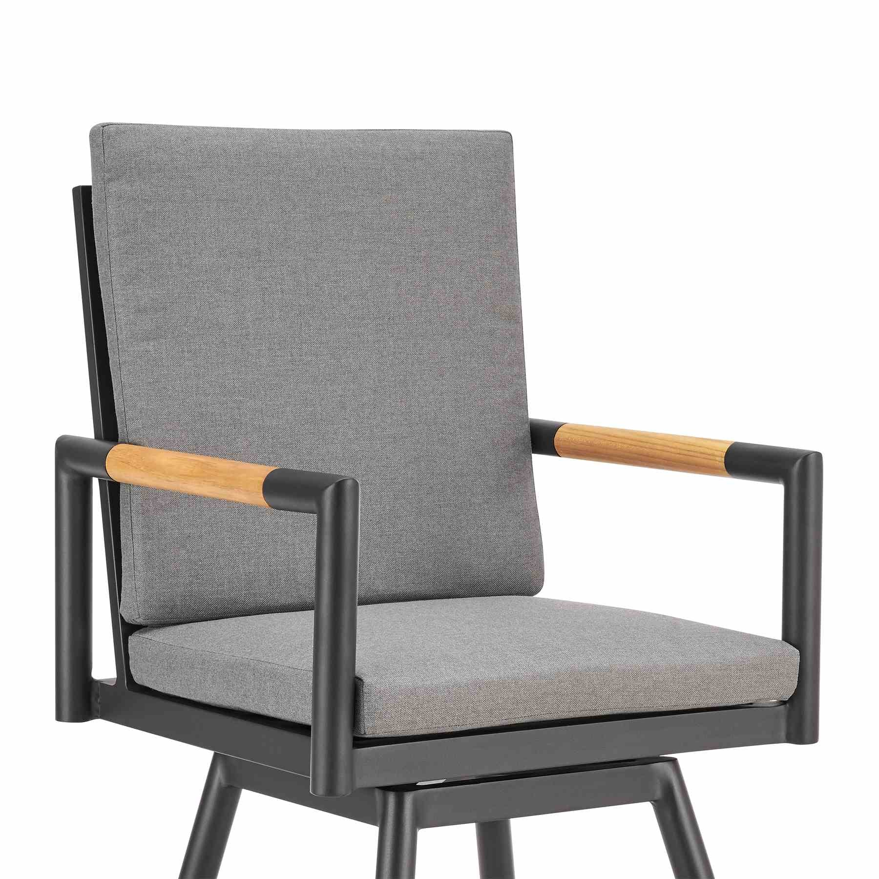 Crown Outdoor Patio Swivel Counter Stool in Black Aluminum with Wood Accent and Dark Gray Cushions - Image 4