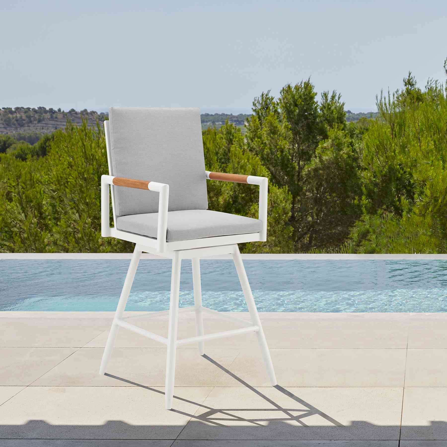Crown Outdoor Patio Swivel Counter Stool in White Aluminum with Wood Accent and Light Gray Cushions - Image 10