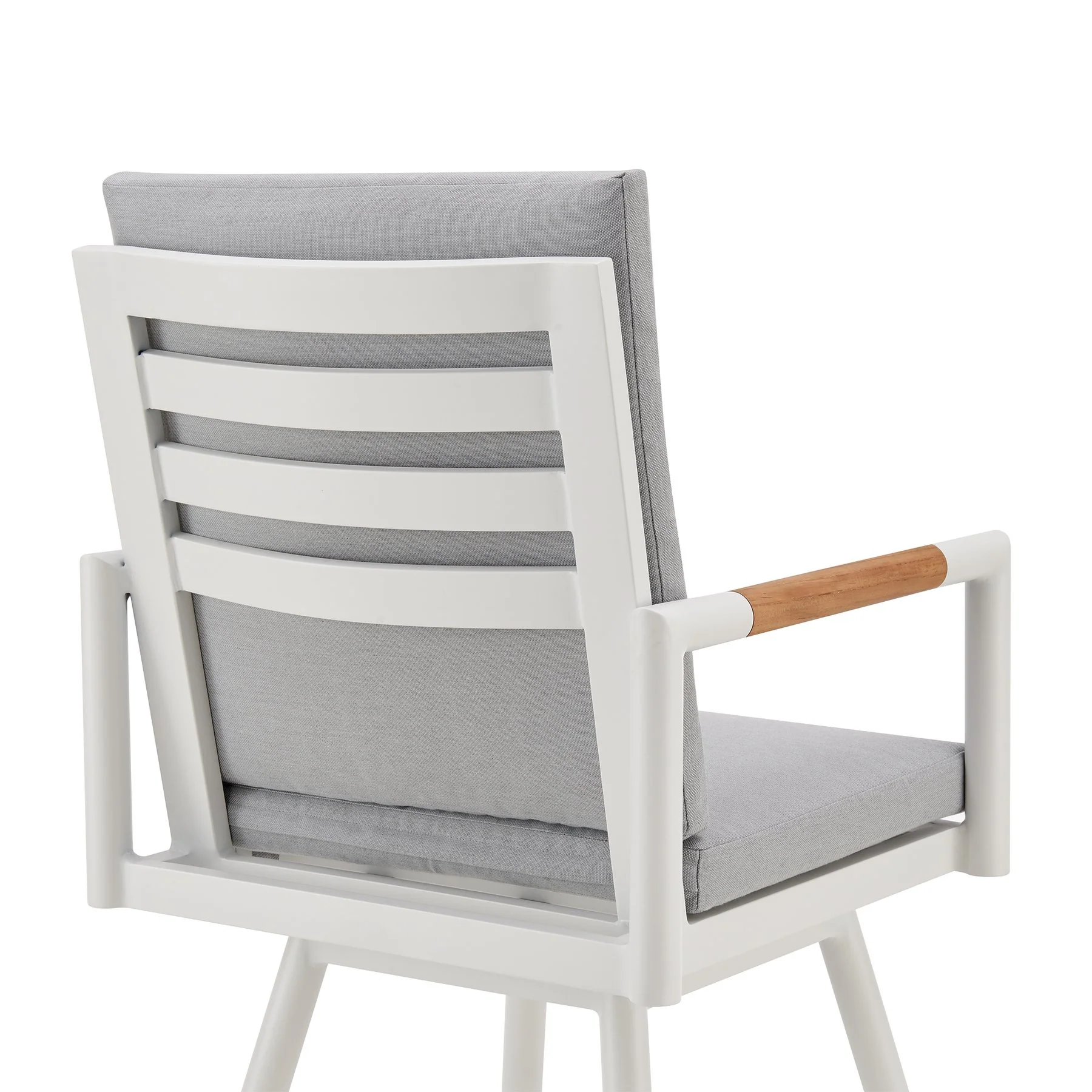 Crown Outdoor Patio Swivel Counter Stool in White Aluminum with Wood Accent and Light Gray Cushions - Image 5