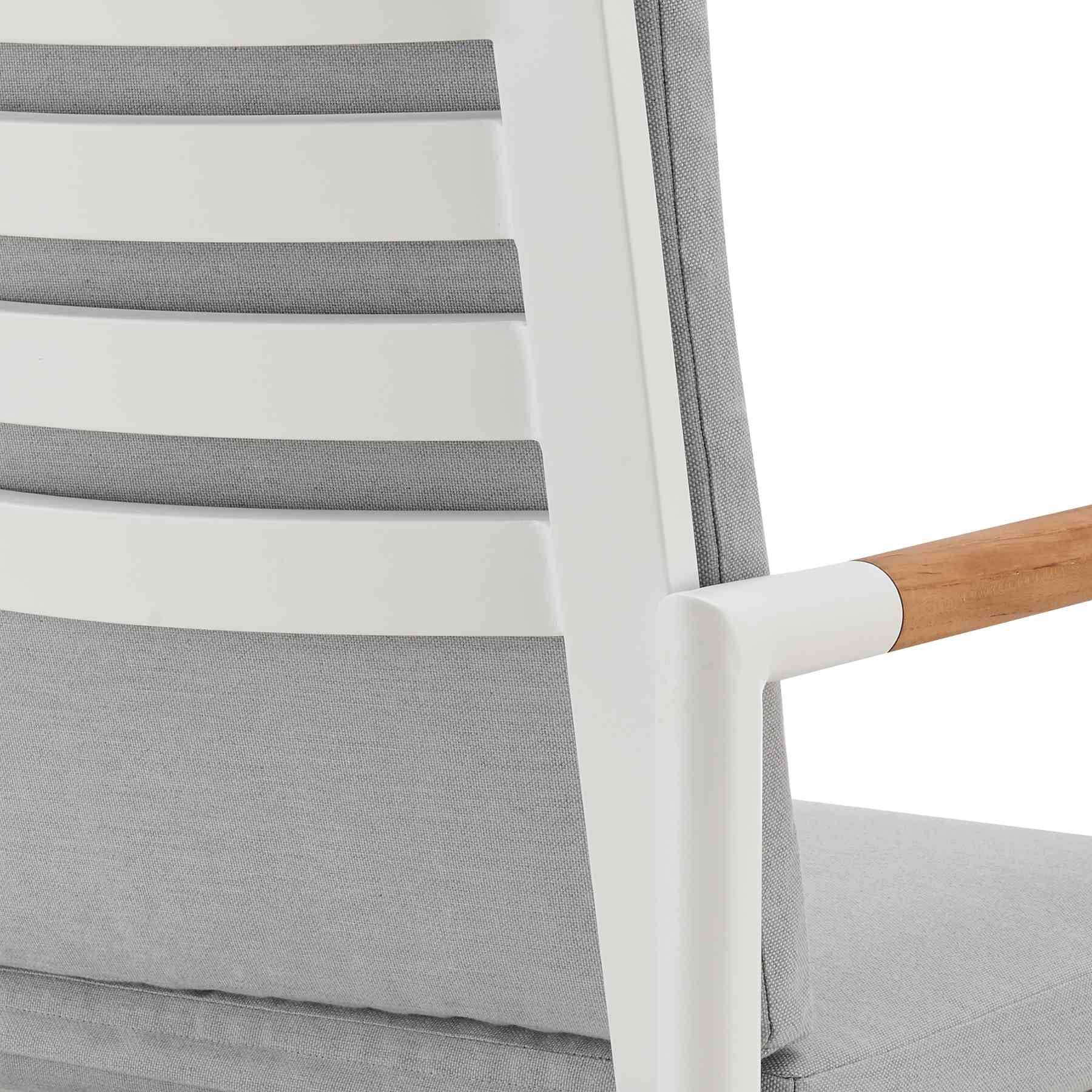Crown Outdoor Patio Swivel Counter Stool in White Aluminum with Wood Accent and Light Gray Cushions - Image 7