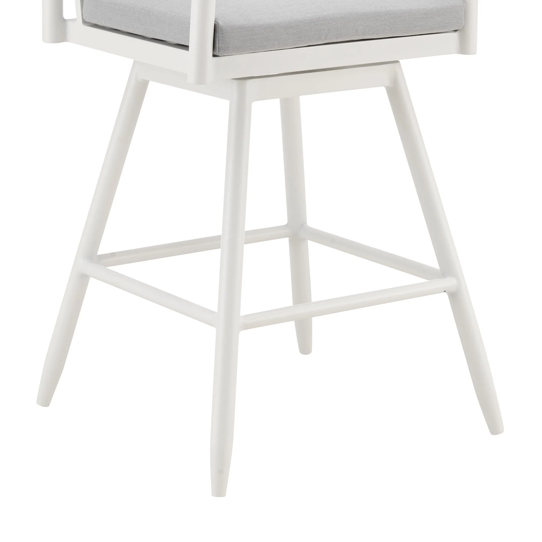 Crown Outdoor Patio Swivel Counter Stool in White Aluminum with Wood Accent and Light Gray Cushions - Image 8