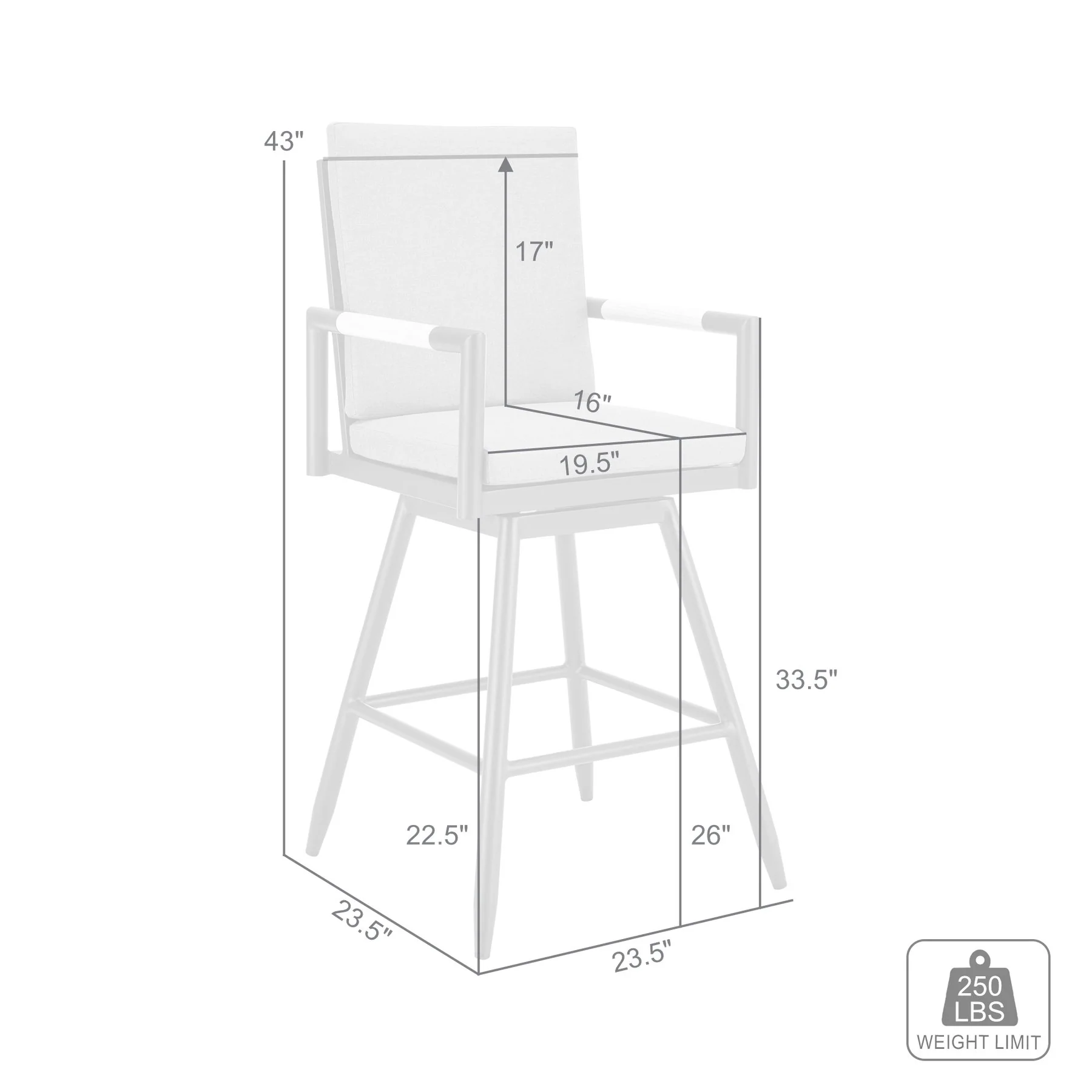 Crown Outdoor Patio Swivel Counter Stool in White Aluminum with Wood Accent and Light Gray Cushions - Image 9
