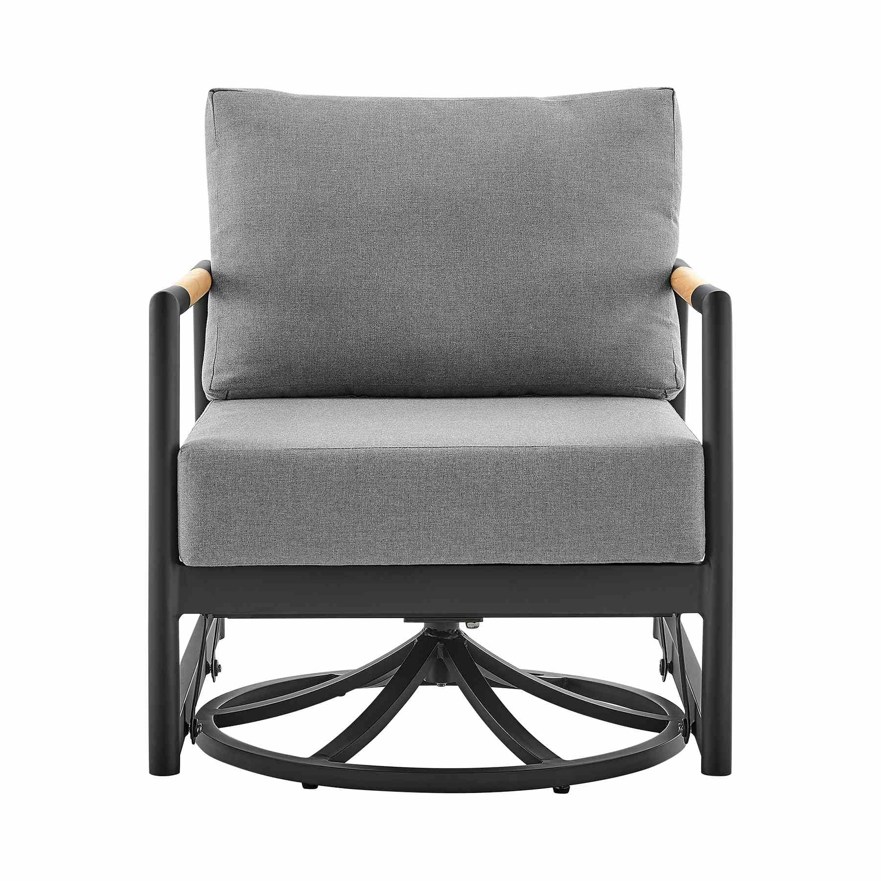 Crown Outdoor Patio Swivel Glider Lounge Chair in Black Aluminum and Teak Wood with Cushions - Image 2