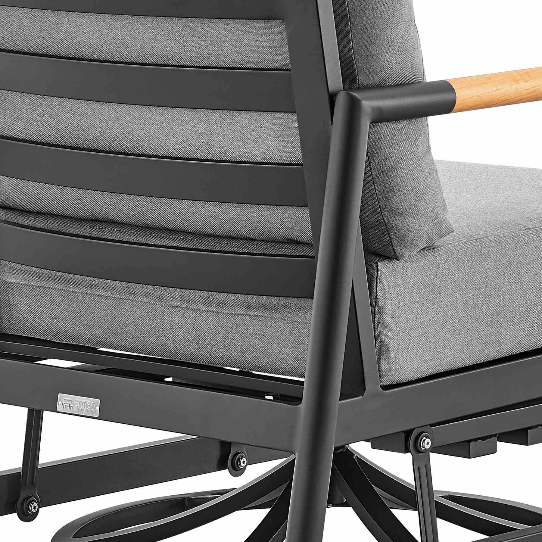 Crown Outdoor Patio Swivel Glider Lounge Chair in Black Aluminum and Teak Wood with Cushions - Image 6