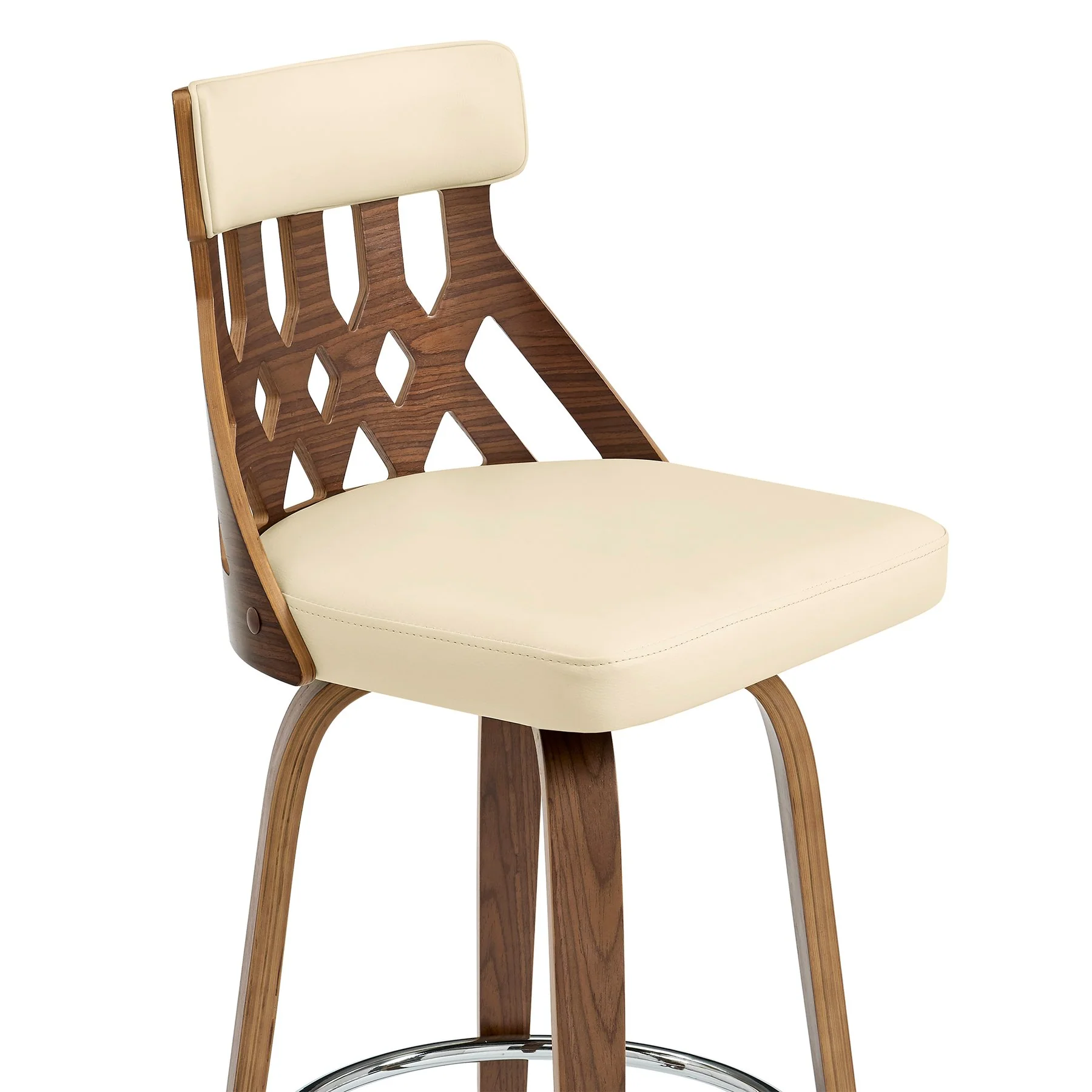 Crux 26" Swivel Bar Stool in Cream Faux Leather and Walnut Wood - Image 6