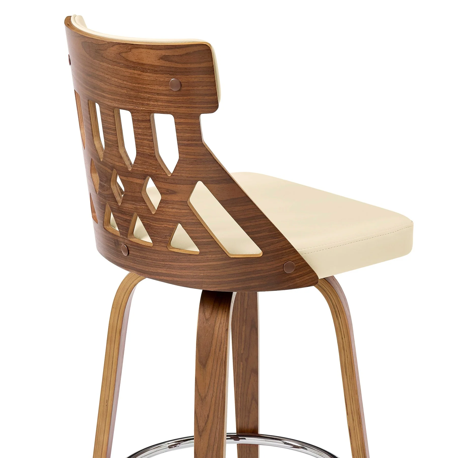 Crux 26" Swivel Bar Stool in Cream Faux Leather and Walnut Wood - Image 7