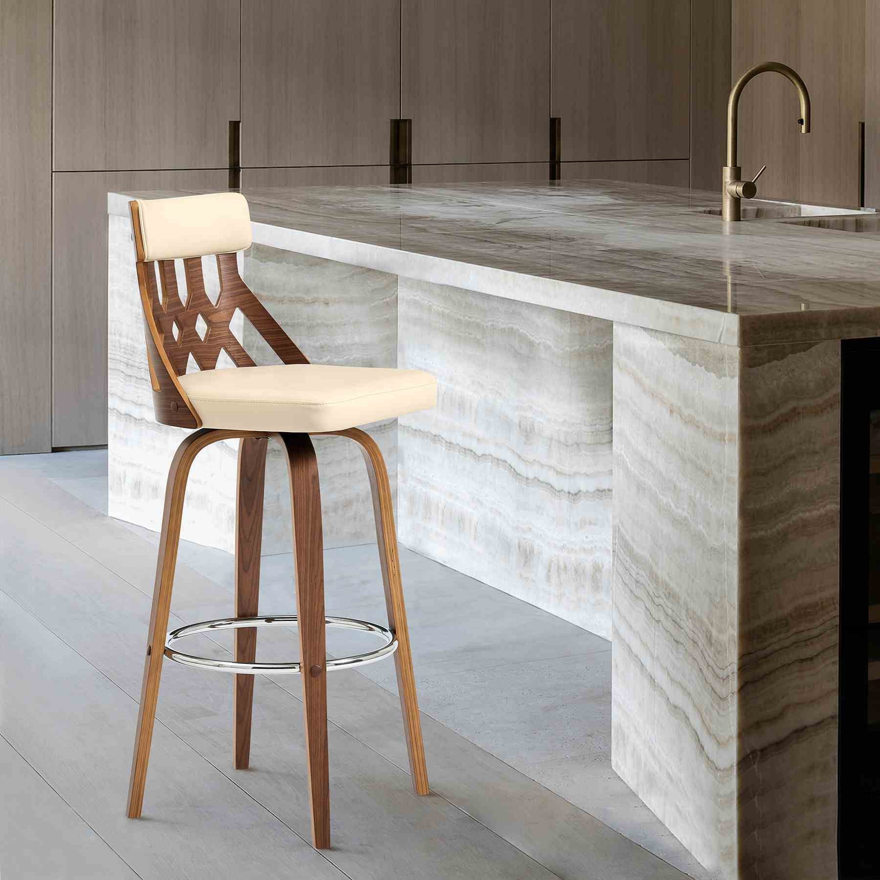 Crux 26" Swivel Bar Stool in Cream Faux Leather and Walnut Wood - Image 9