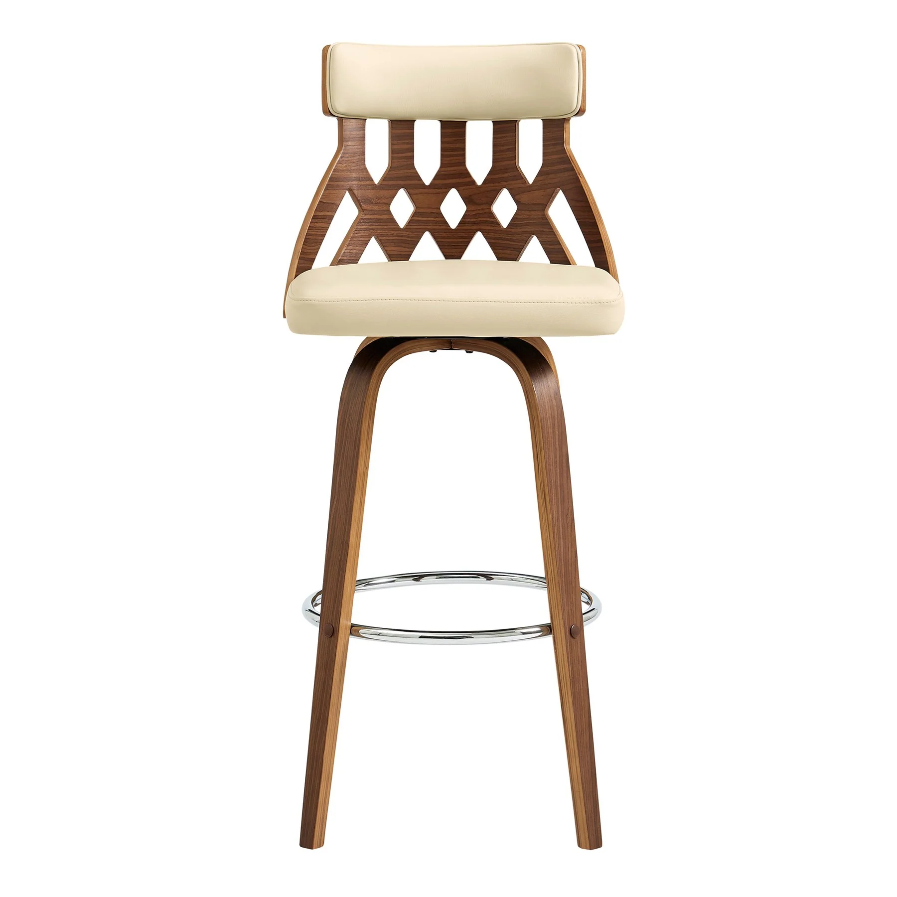 Crux 30" Swivel Bar Stool in Cream Faux Leather and Walnut Wood - Image 2