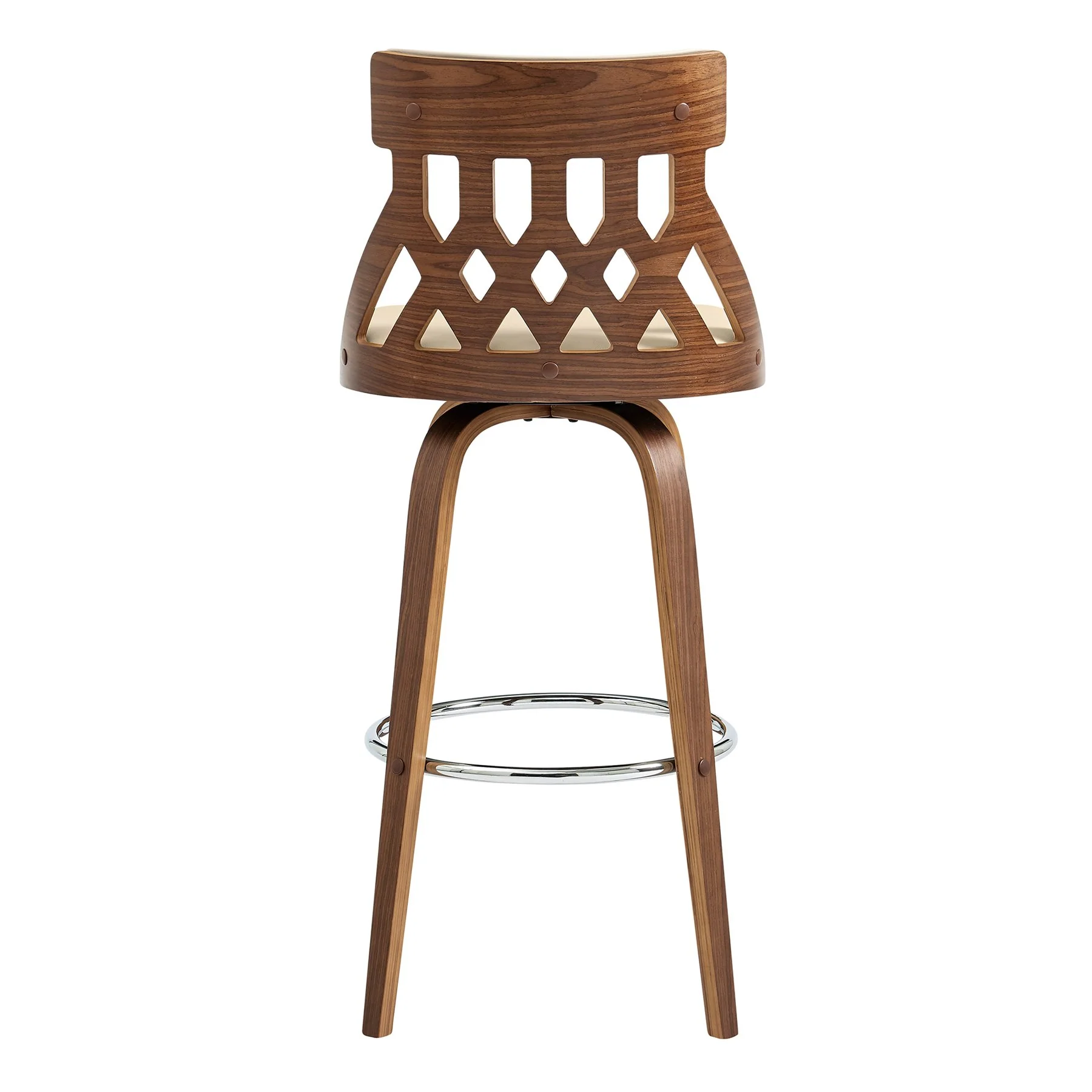Crux 30" Swivel Bar Stool in Cream Faux Leather and Walnut Wood - Image 5