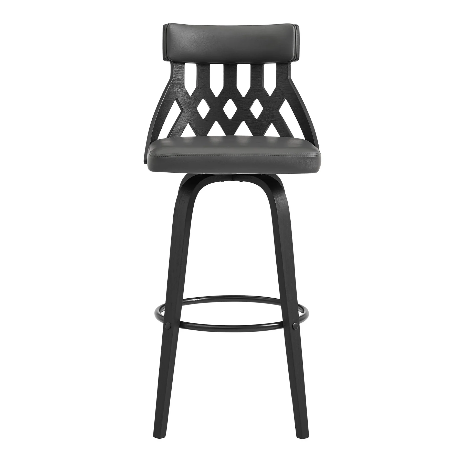 Crux 30" Swivel Bar Stool in Gray Faux Leather and Black Wood - Image 2