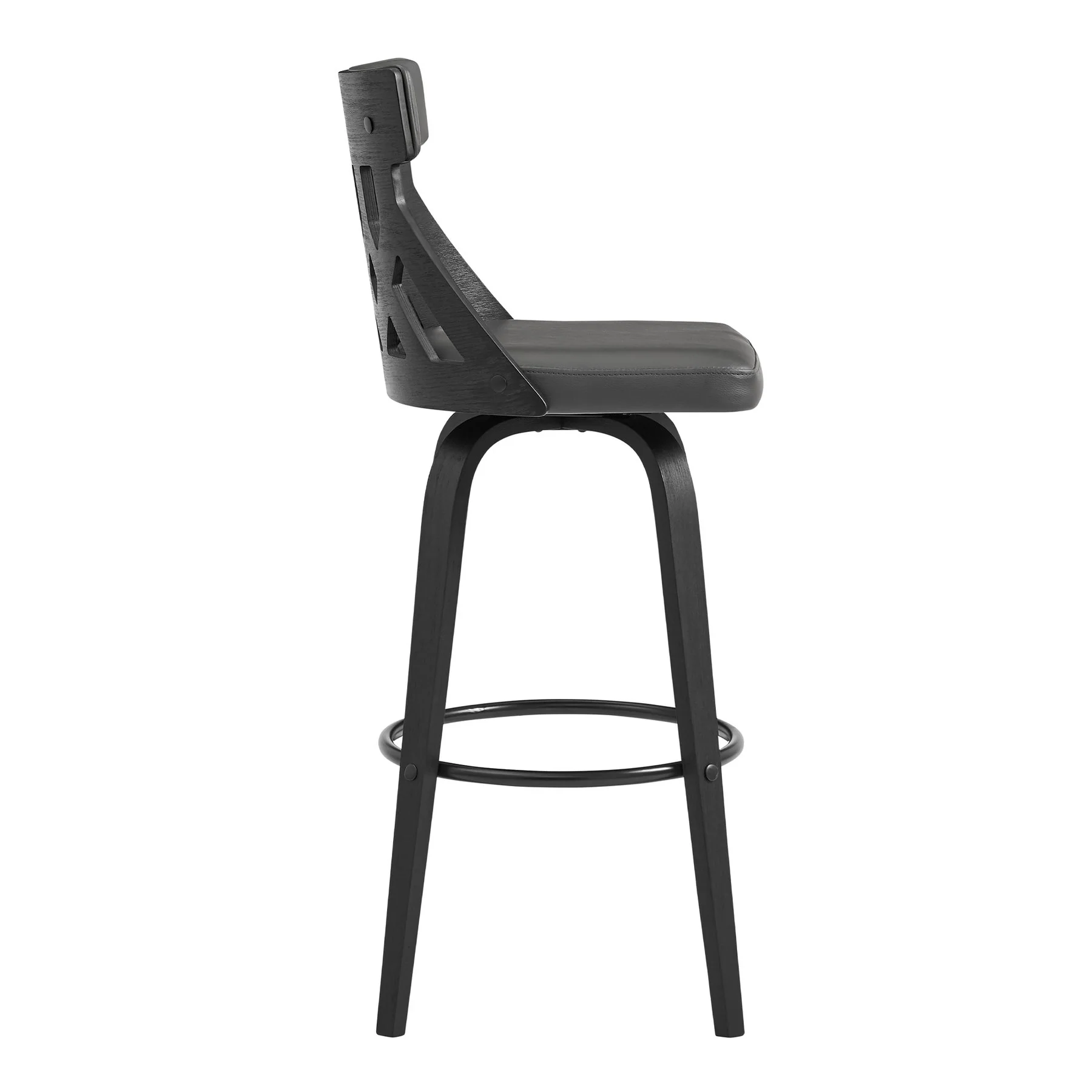 Crux 30" Swivel Bar Stool in Gray Faux Leather and Black Wood - Image 3