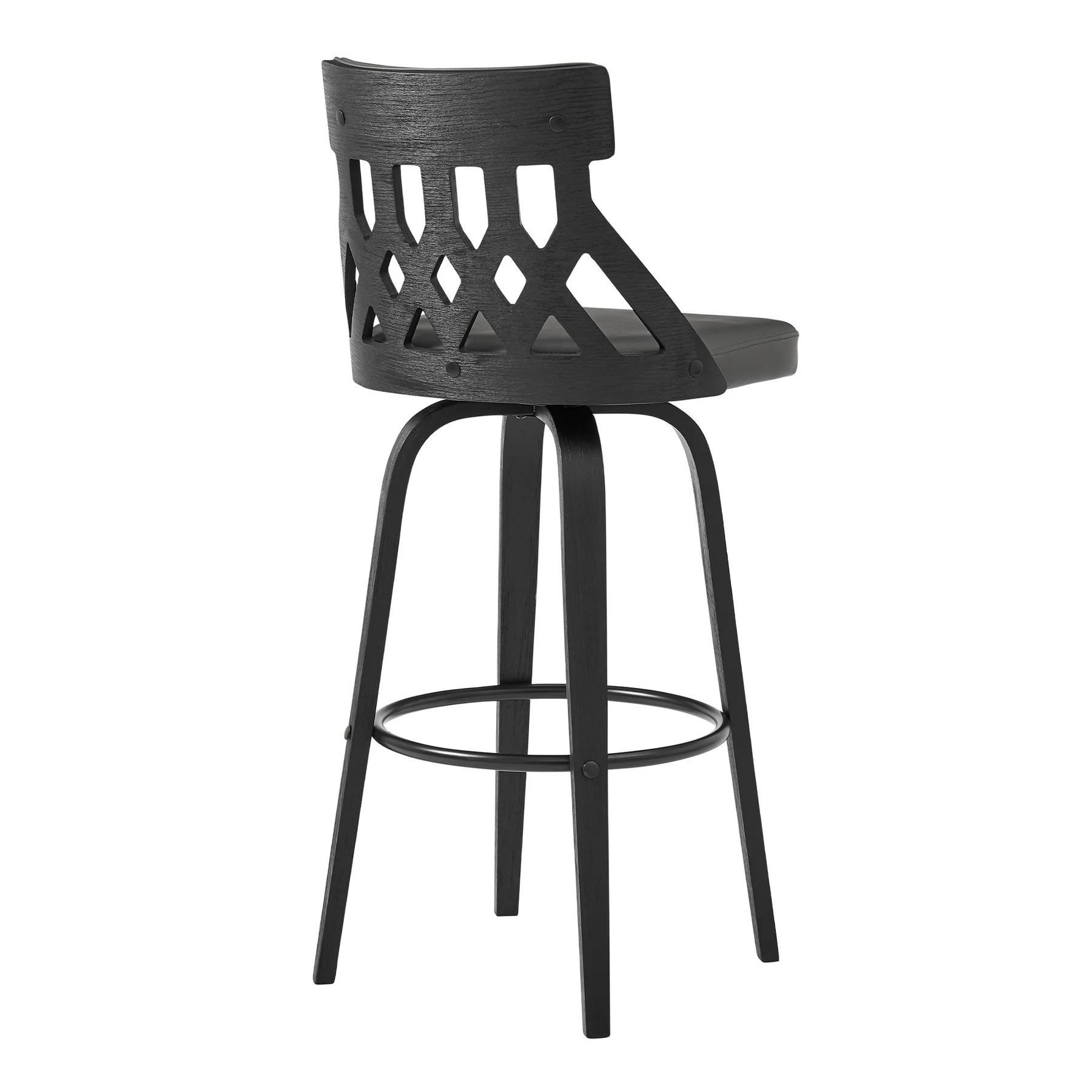 Crux 30" Swivel Bar Stool in Gray Faux Leather and Black Wood - Image 4