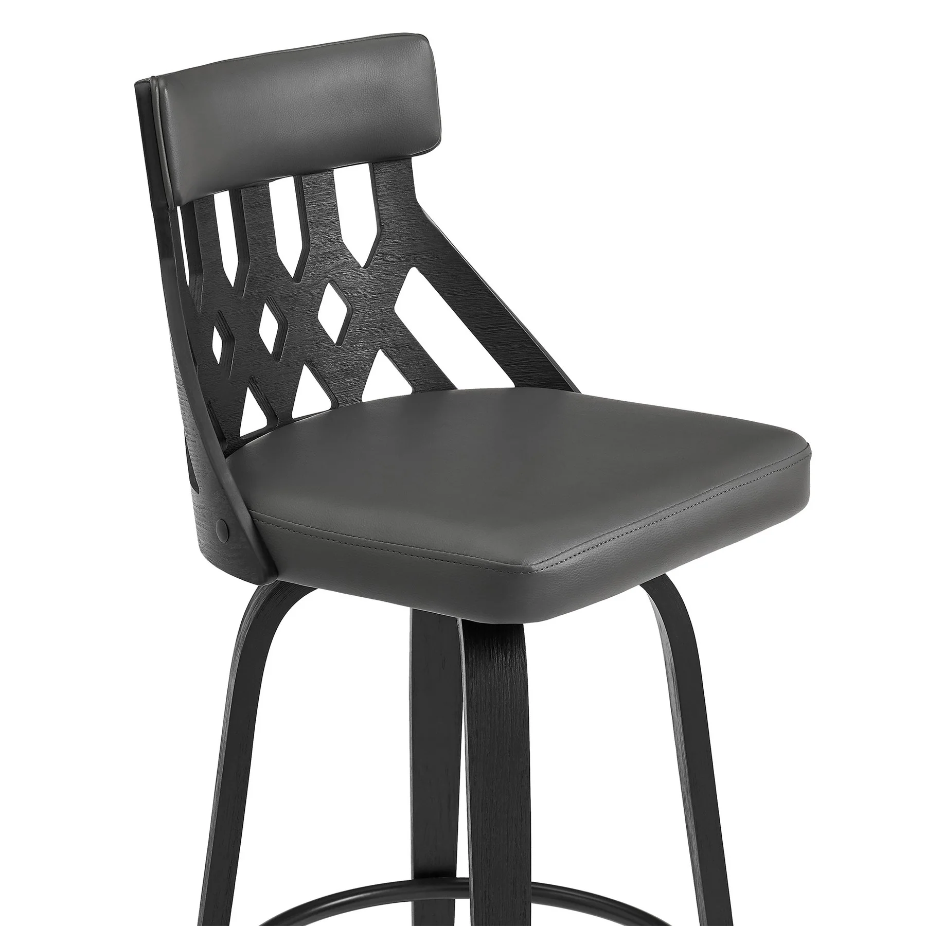 Crux 30" Swivel Bar Stool in Gray Faux Leather and Black Wood - Image 6