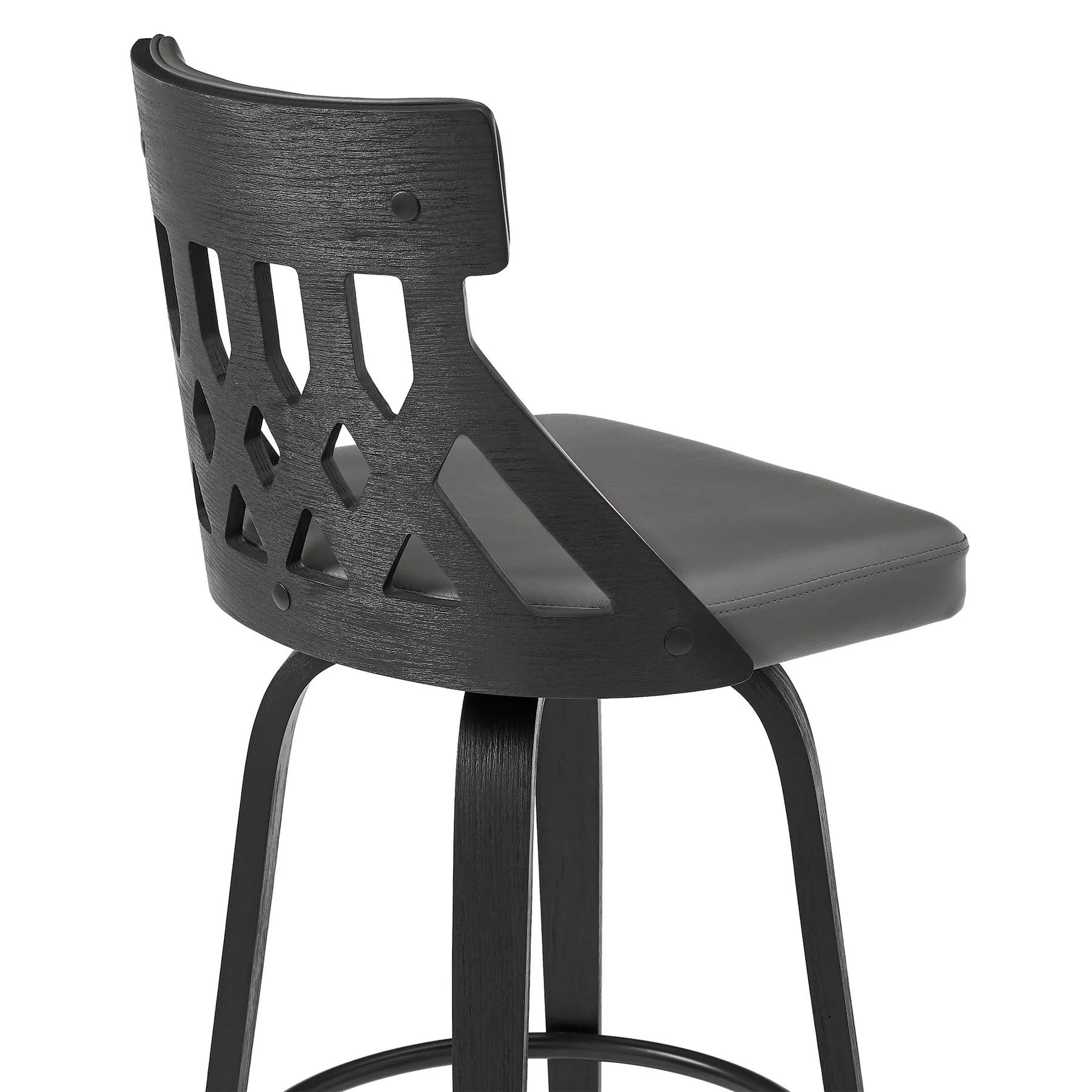 Crux 30" Swivel Bar Stool in Gray Faux Leather and Black Wood - Image 7