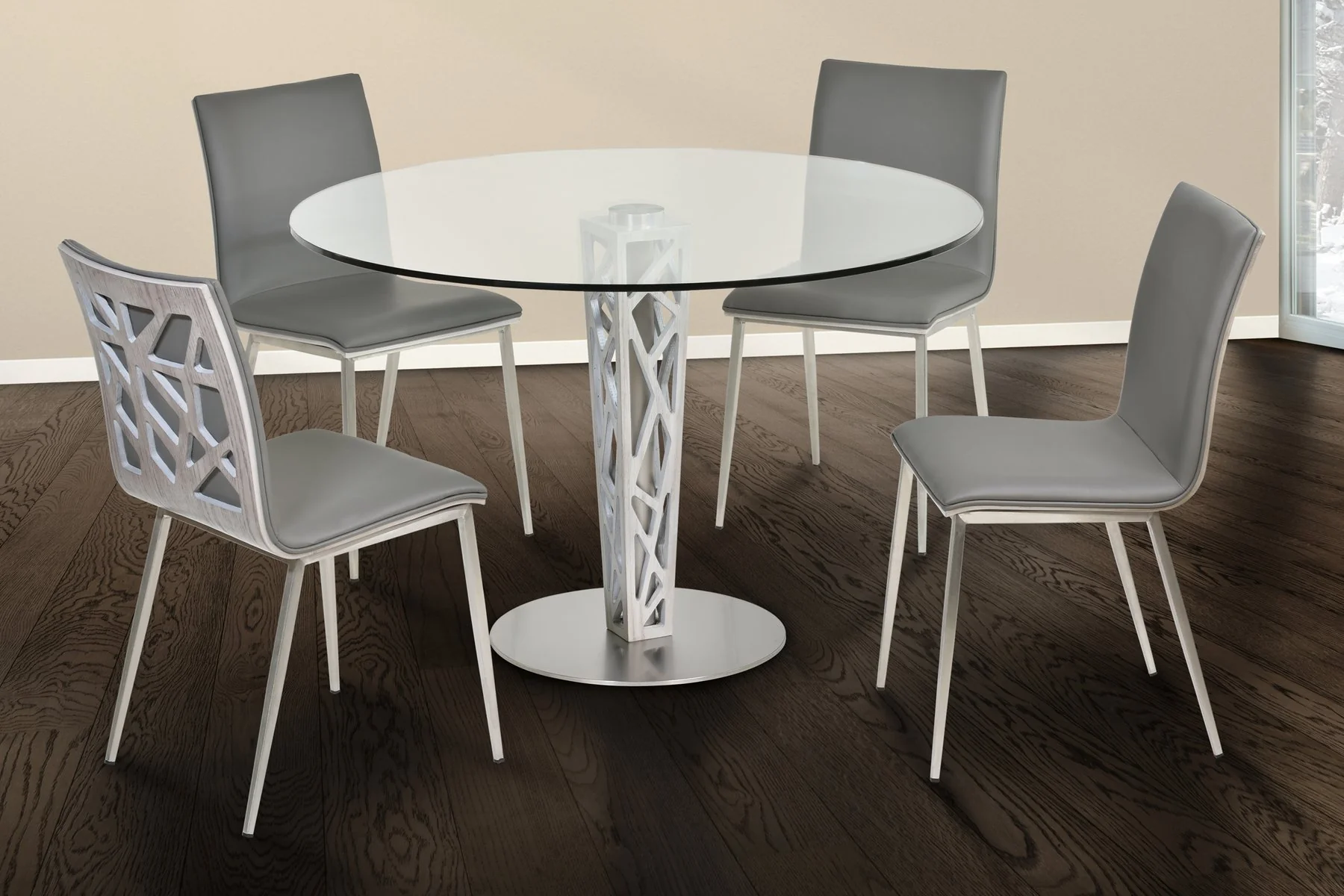 Crystal 48" Round Dining Table in Gray Walnut Veneer column and Brushed Stainless Steel finish with Clear Tempered Glass Top - Image 3