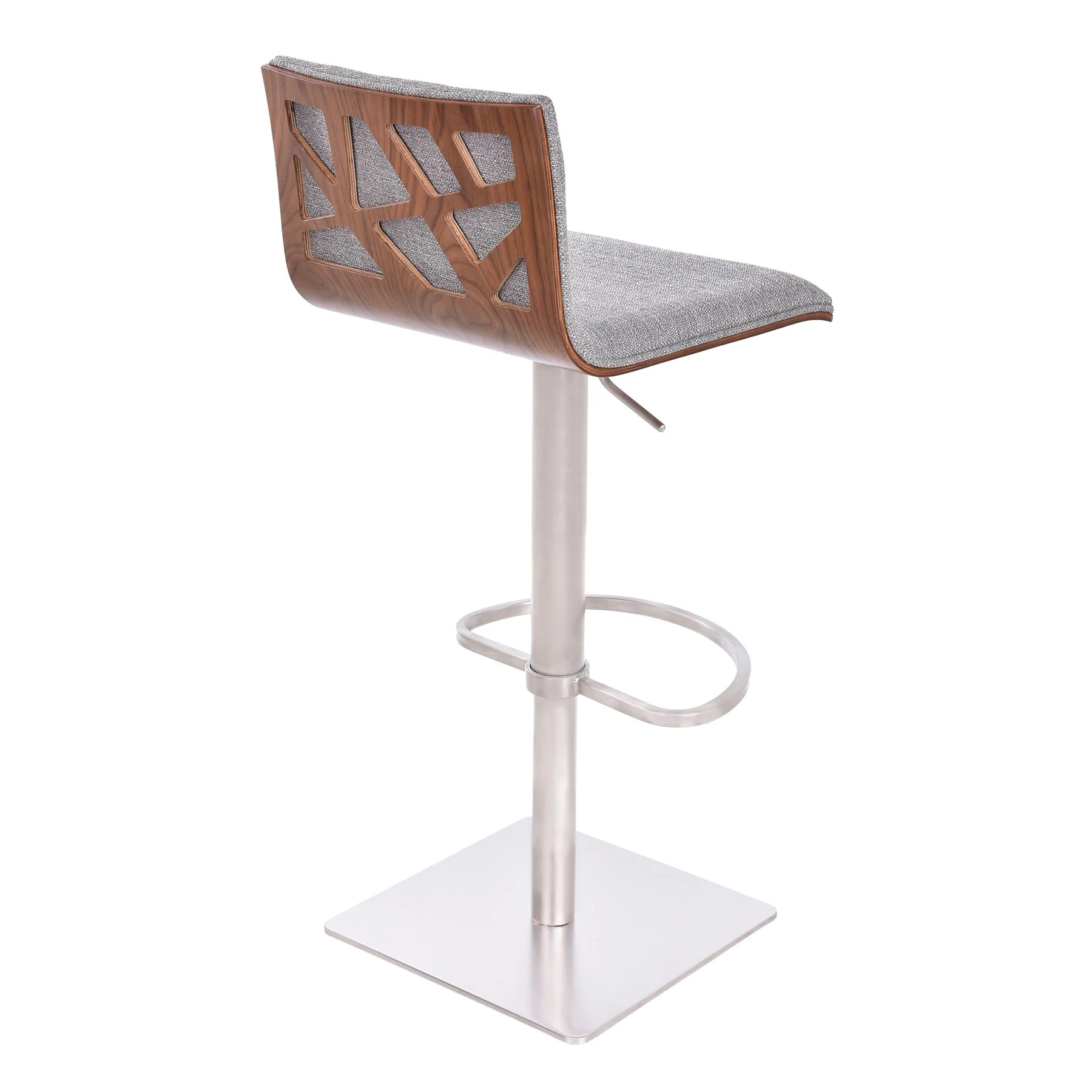 Crystal Adjustable Height Swivel Gray Fabric and Walnut Bar Stool with Brushed Stainless Steel Base - Image 2