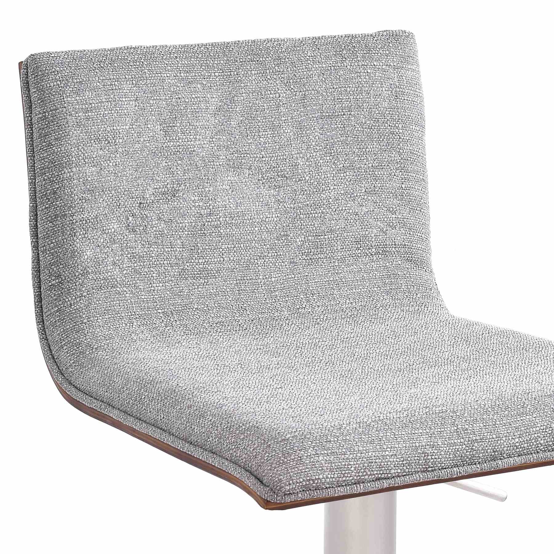 Crystal Adjustable Height Swivel Gray Fabric and Walnut Bar Stool with Brushed Stainless Steel Base - Image 3