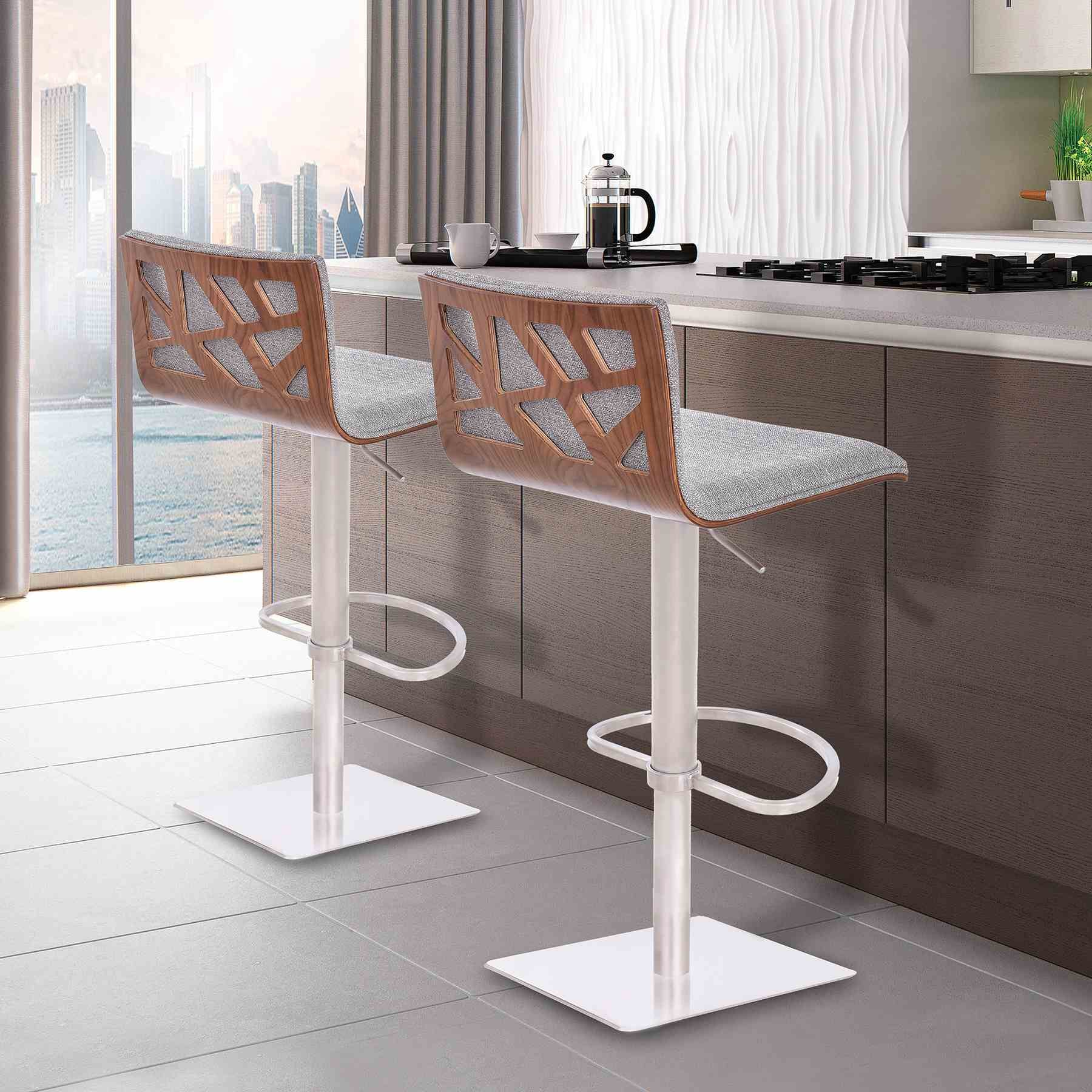 Crystal Adjustable Height Swivel Gray Fabric and Walnut Bar Stool with Brushed Stainless Steel Base - Image 5