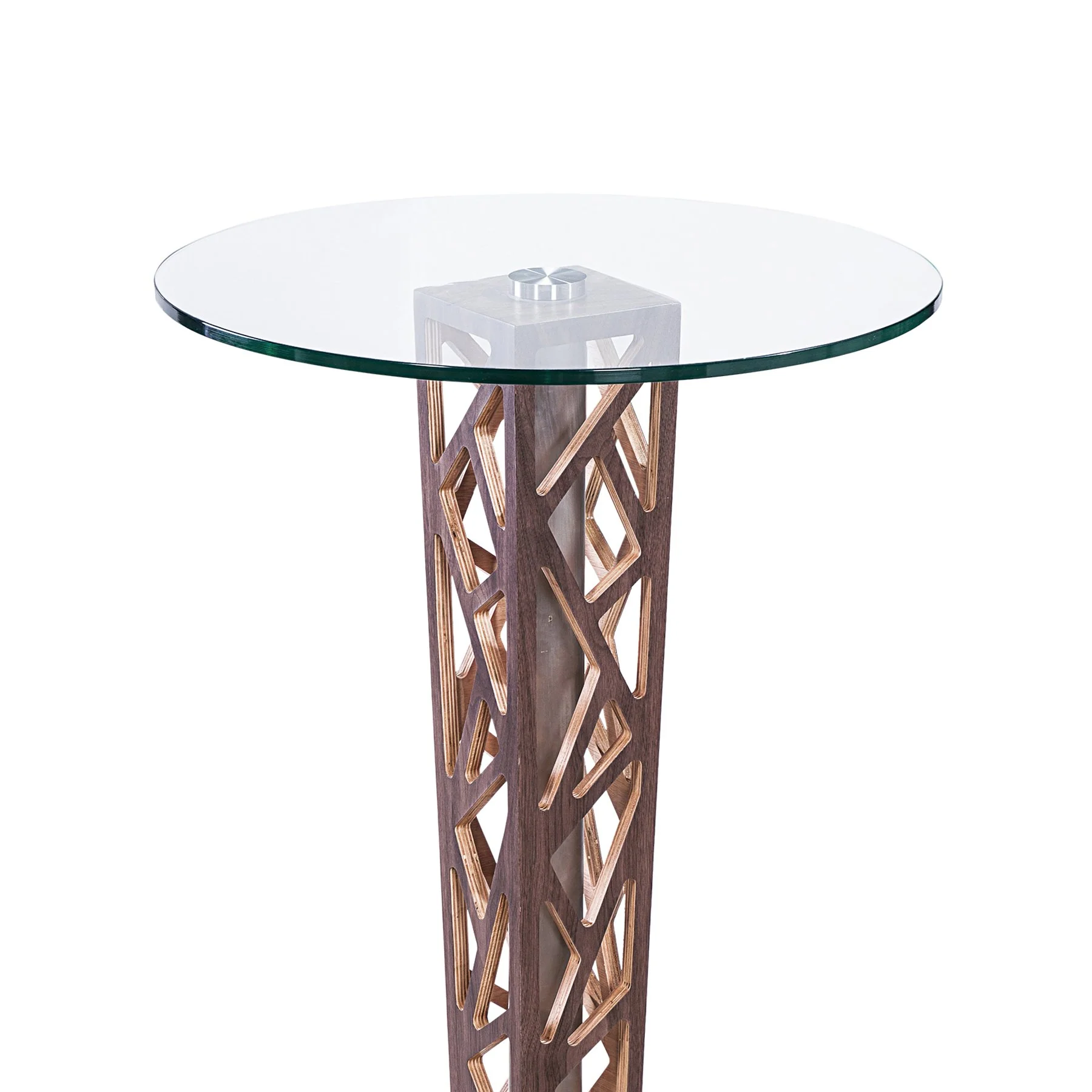 Crystal Bar Table with Walnut Veneer column and Brushed Stainless Steel finish with Clear Tempered Glass Top - Image 2