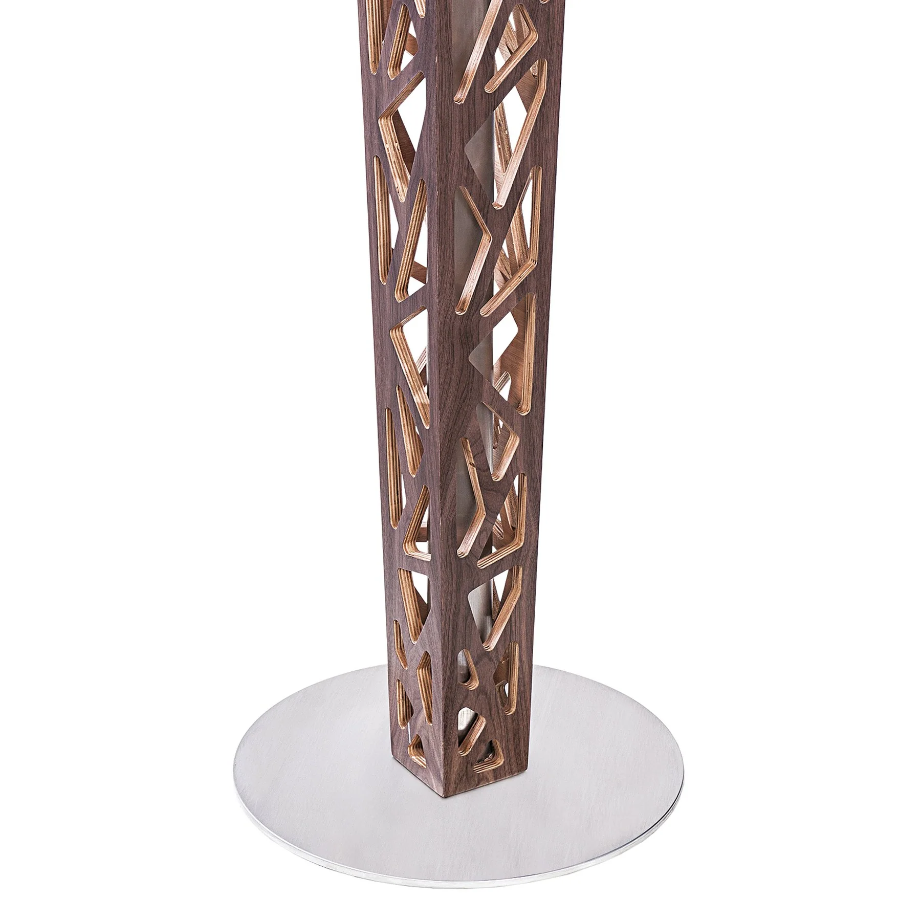 Crystal Bar Table with Walnut Veneer column and Brushed Stainless Steel finish with Clear Tempered Glass Top - Image 4