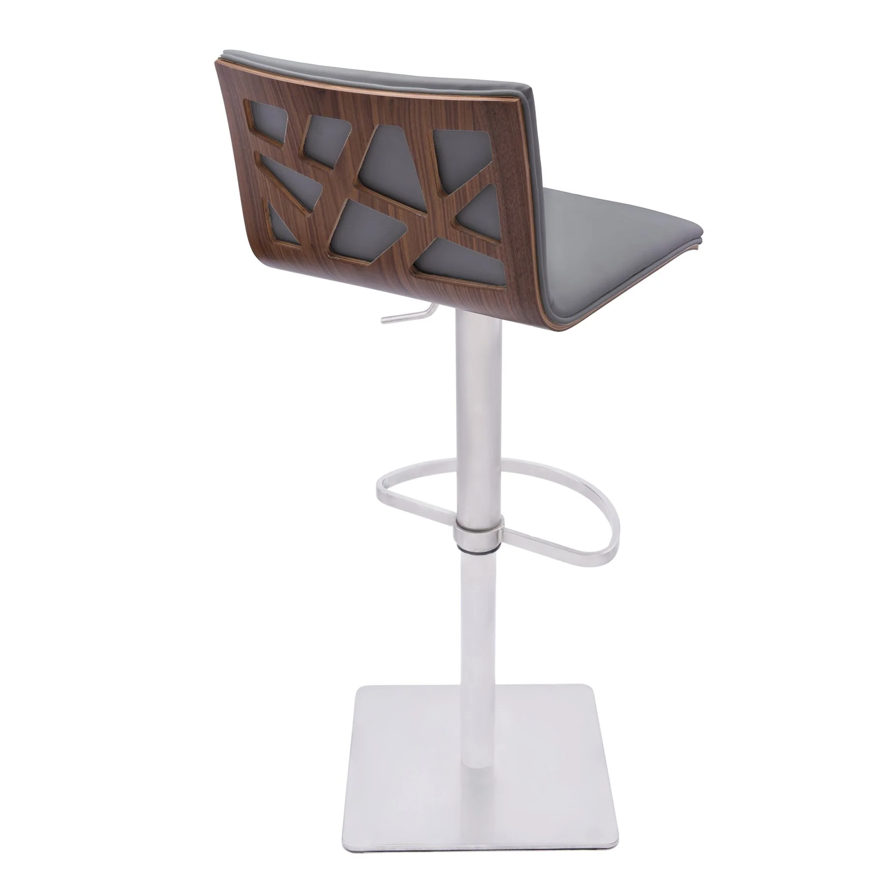 Crystal Barstool in Brushed Stainless Steel finish with Gray Faux Leather and Walnut Back - Image 2