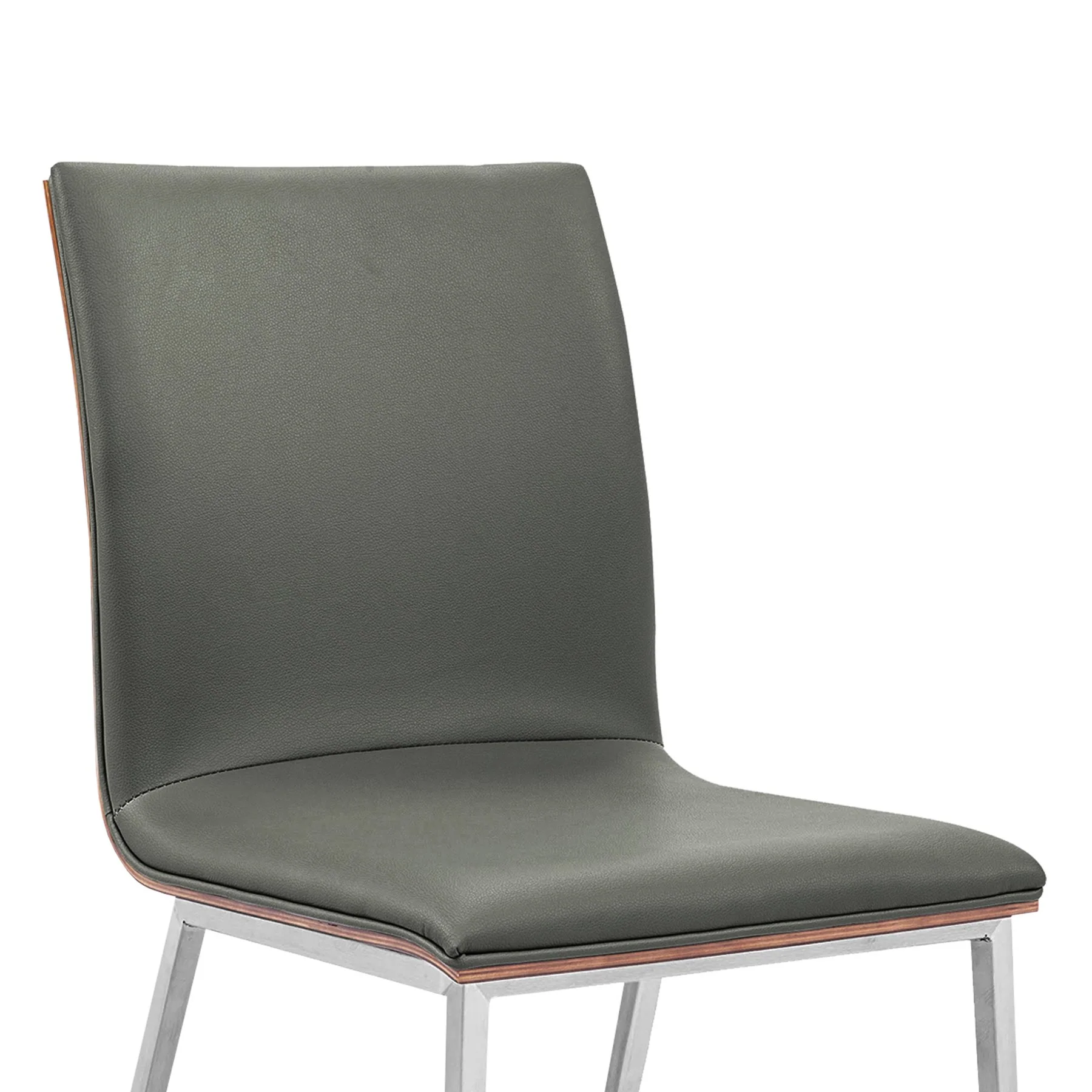 Crystal Dining Chair in Brushed Stainless Steel finish with Gray Faux Leather and Walnut Back - Set of 2 - Image 4