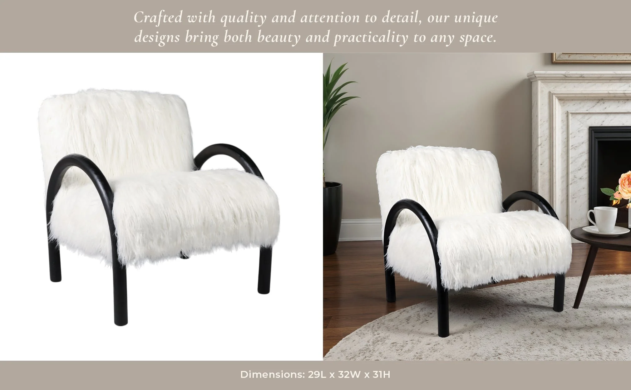 Curved Arm Furry Accent Chair, Ivory - Image 10