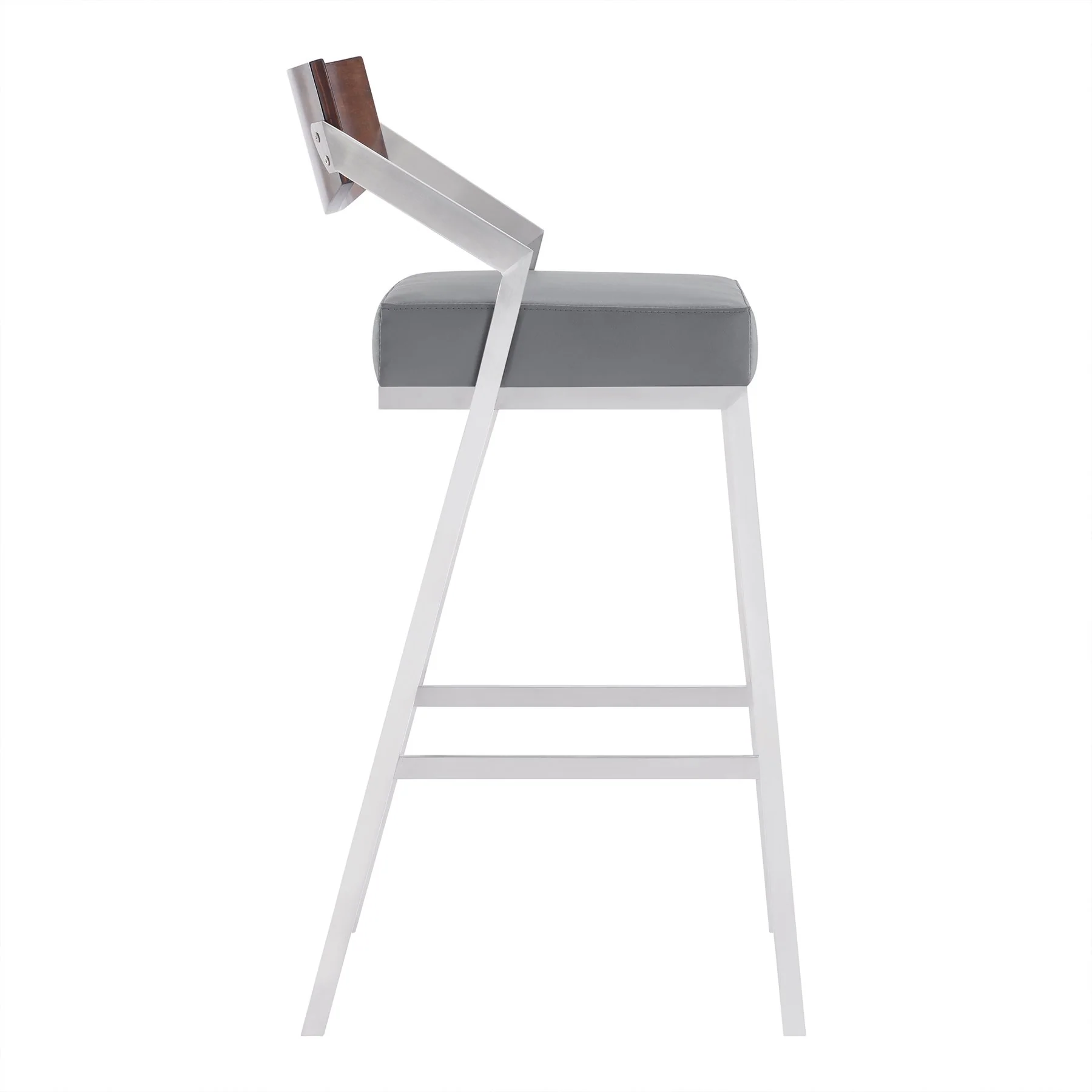 Dakota Mid-Century 30" Counter Height Barstool in Brushed Stainless Steel with Gray Faux Leather and Walnut Wood Finish Back - Image 3