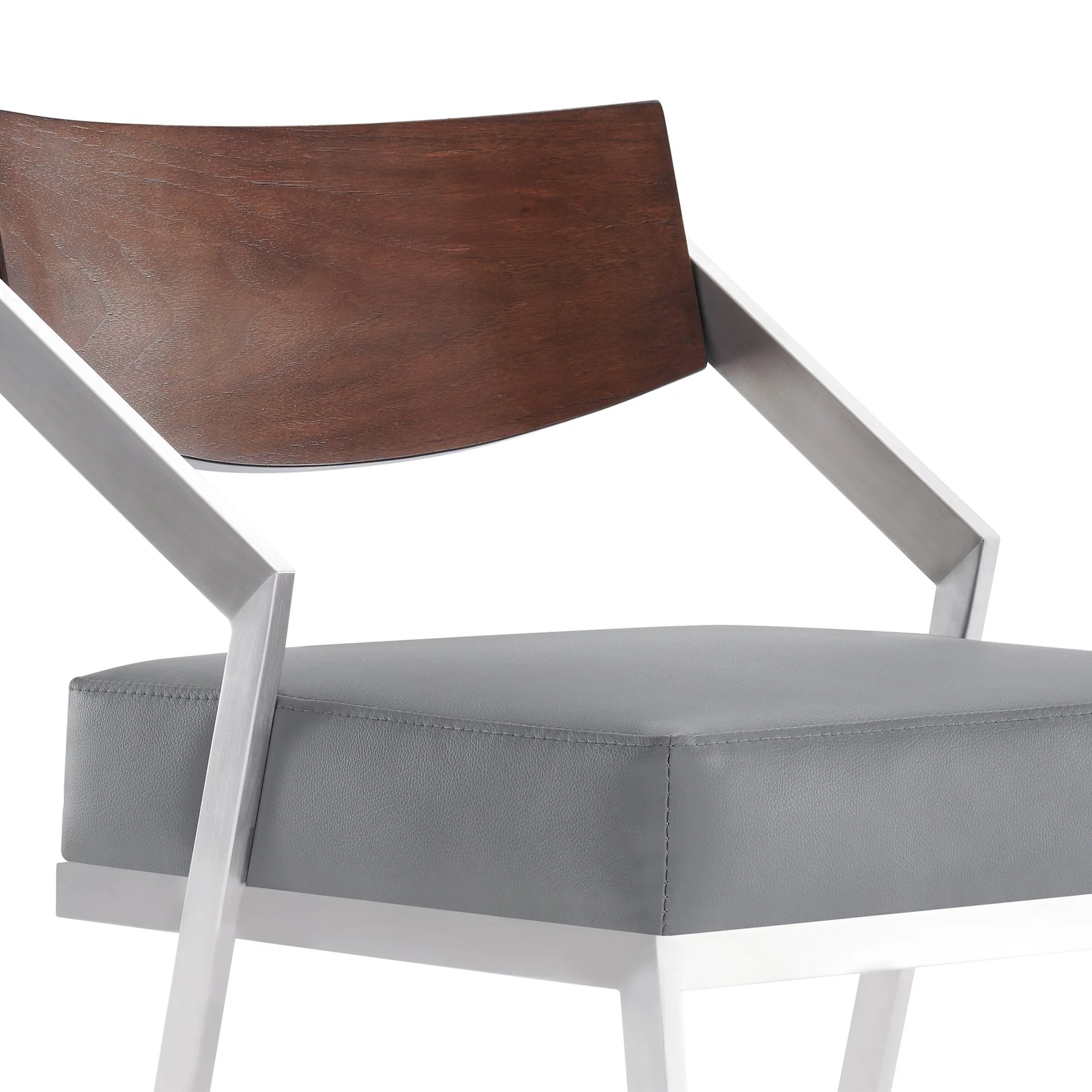 Dakota Mid-Century 30" Counter Height Barstool in Brushed Stainless Steel with Gray Faux Leather and Walnut Wood Finish Back - Image 5