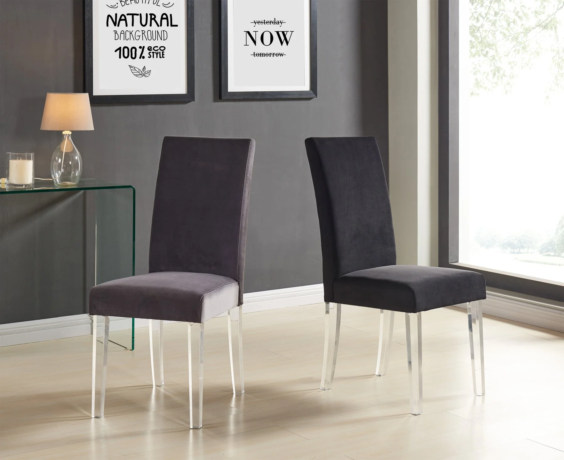 Dalia Modern and Contemporary Dining Chair in Black Velvet with Acrylic Legs - Set of 2 - Image 3