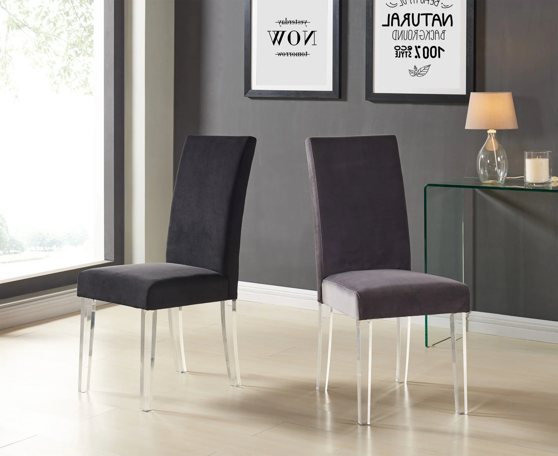 Dalia Modern and Contemporary Dining Chair in Gray Velvet with Acrylic Legs - Set of 2 - Image 3
