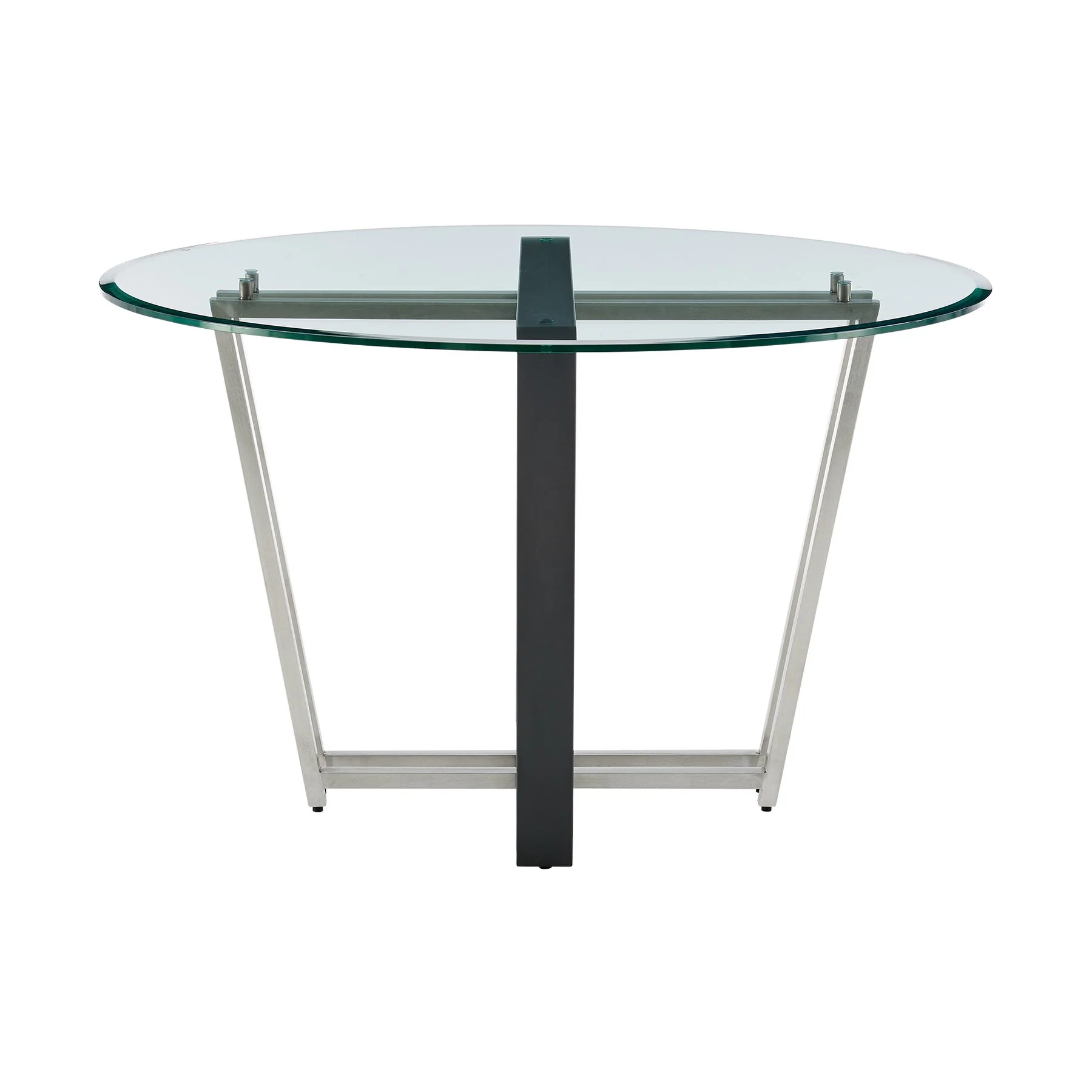 Devi 48" Round Dining Table in Brushed Stainless Steel and Black Iron Base with Glass Tabletop - Image 2