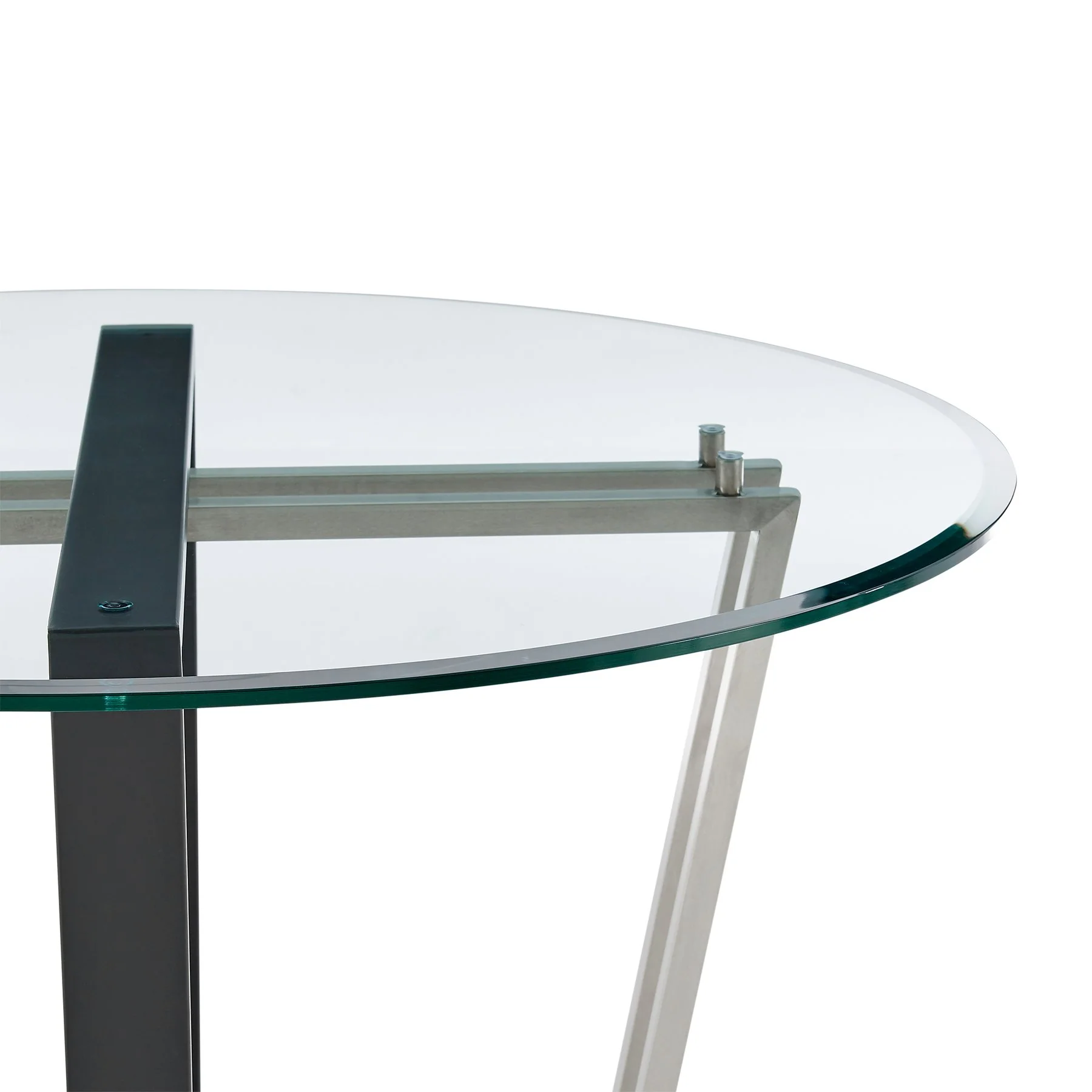 Devi 48" Round Dining Table in Brushed Stainless Steel and Black Iron Base with Glass Tabletop - Image 3