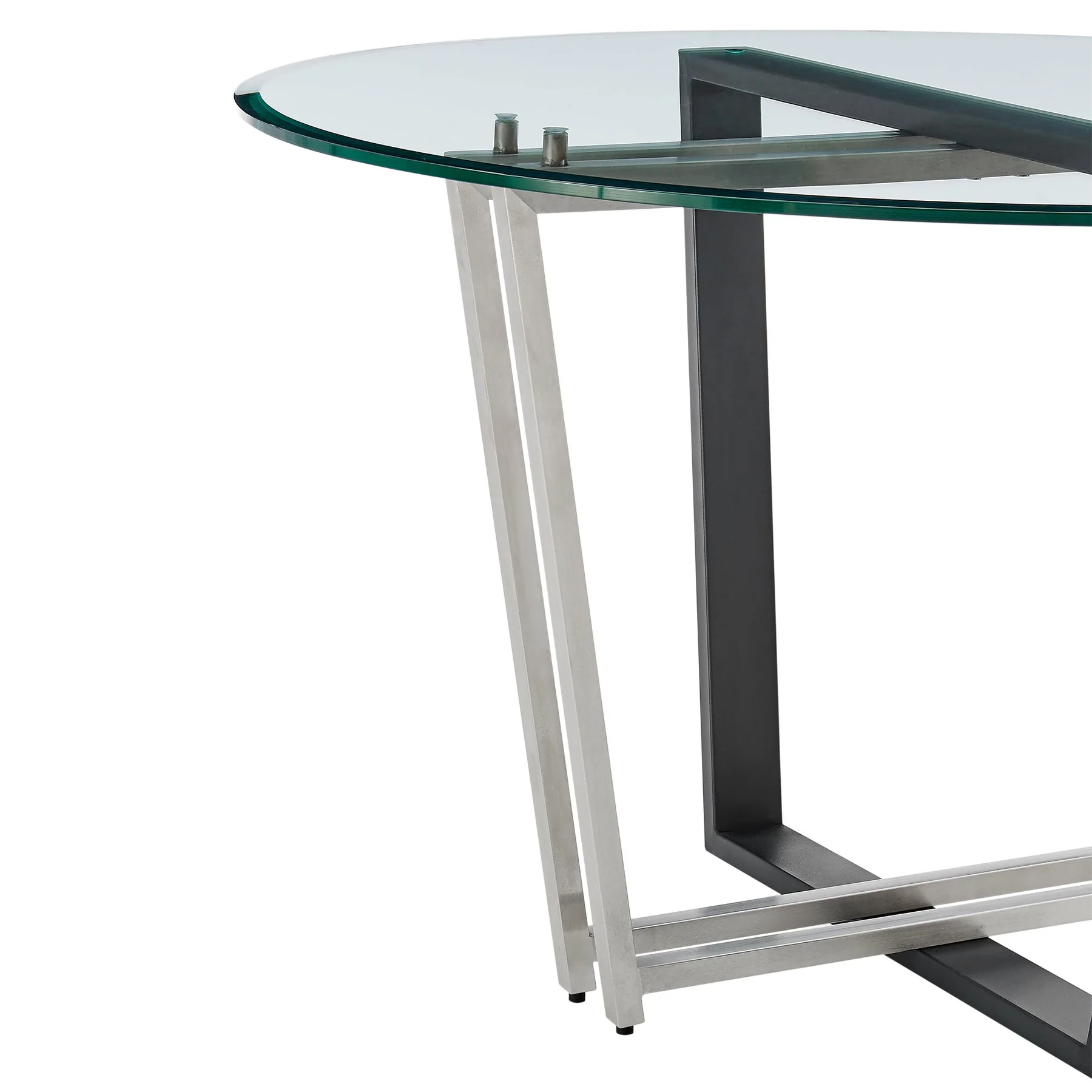 Devi 48" Round Dining Table in Brushed Stainless Steel and Black Iron Base with Glass Tabletop - Image 4