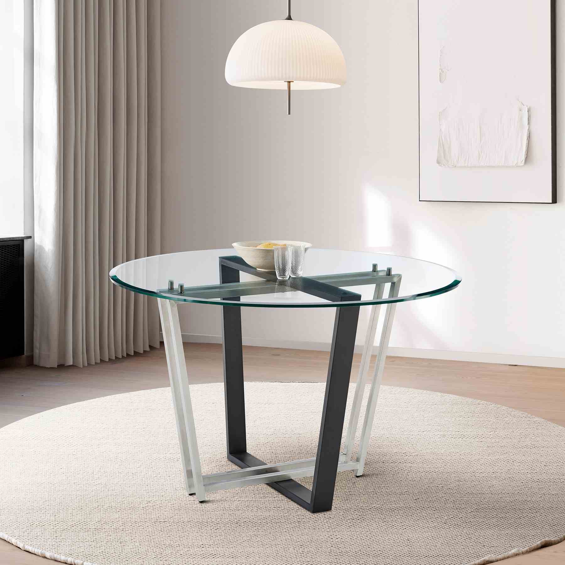 Devi 48" Round Dining Table in Brushed Stainless Steel and Black Iron Base with Glass Tabletop - Image 8