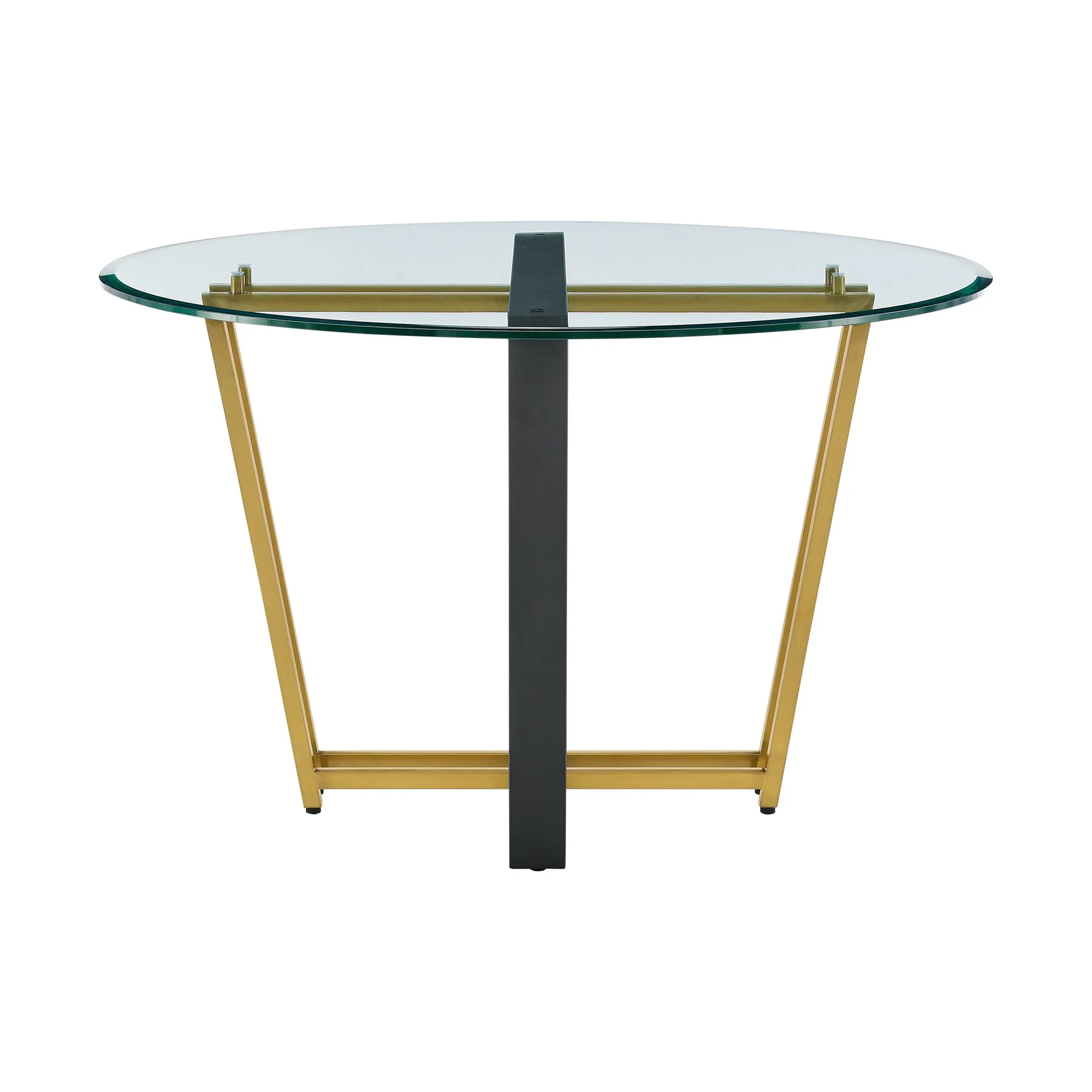 Devi 48" Round Dining Table in Gold Stainless Steel and Black Iron Base with Glass Tabletop - Image 2