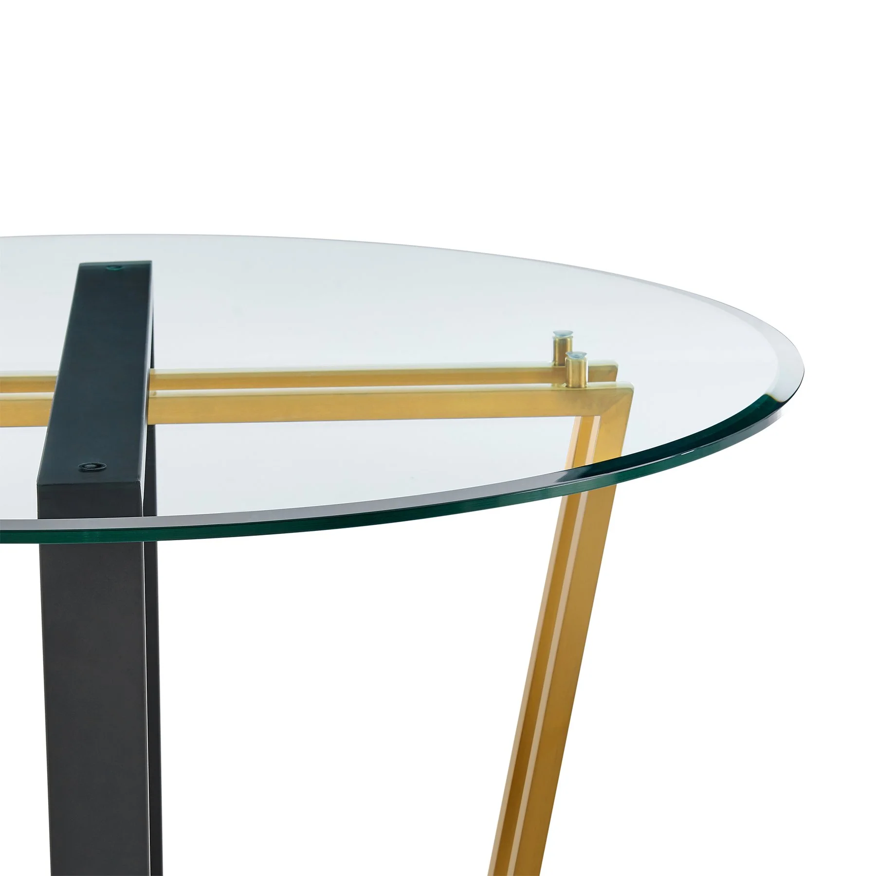 Devi 48" Round Dining Table in Gold Stainless Steel and Black Iron Base with Glass Tabletop - Image 3