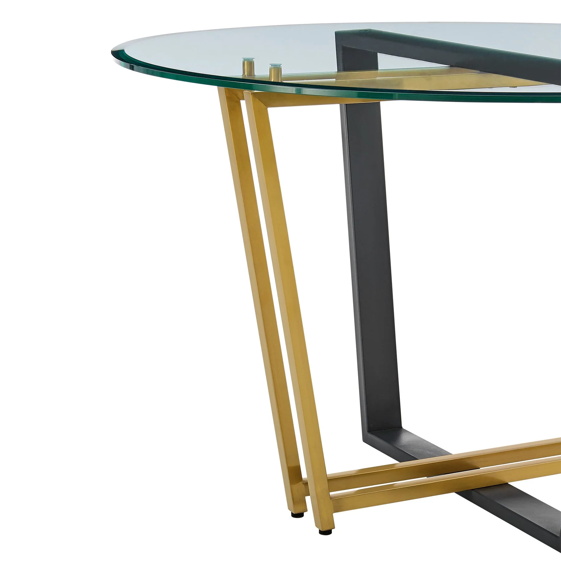 Devi 48" Round Dining Table in Gold Stainless Steel and Black Iron Base with Glass Tabletop - Image 4