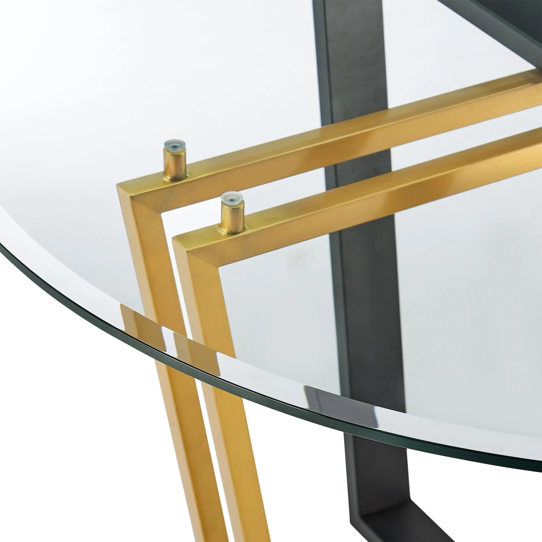 Devi 48" Round Dining Table in Gold Stainless Steel and Black Iron Base with Glass Tabletop - Image 5