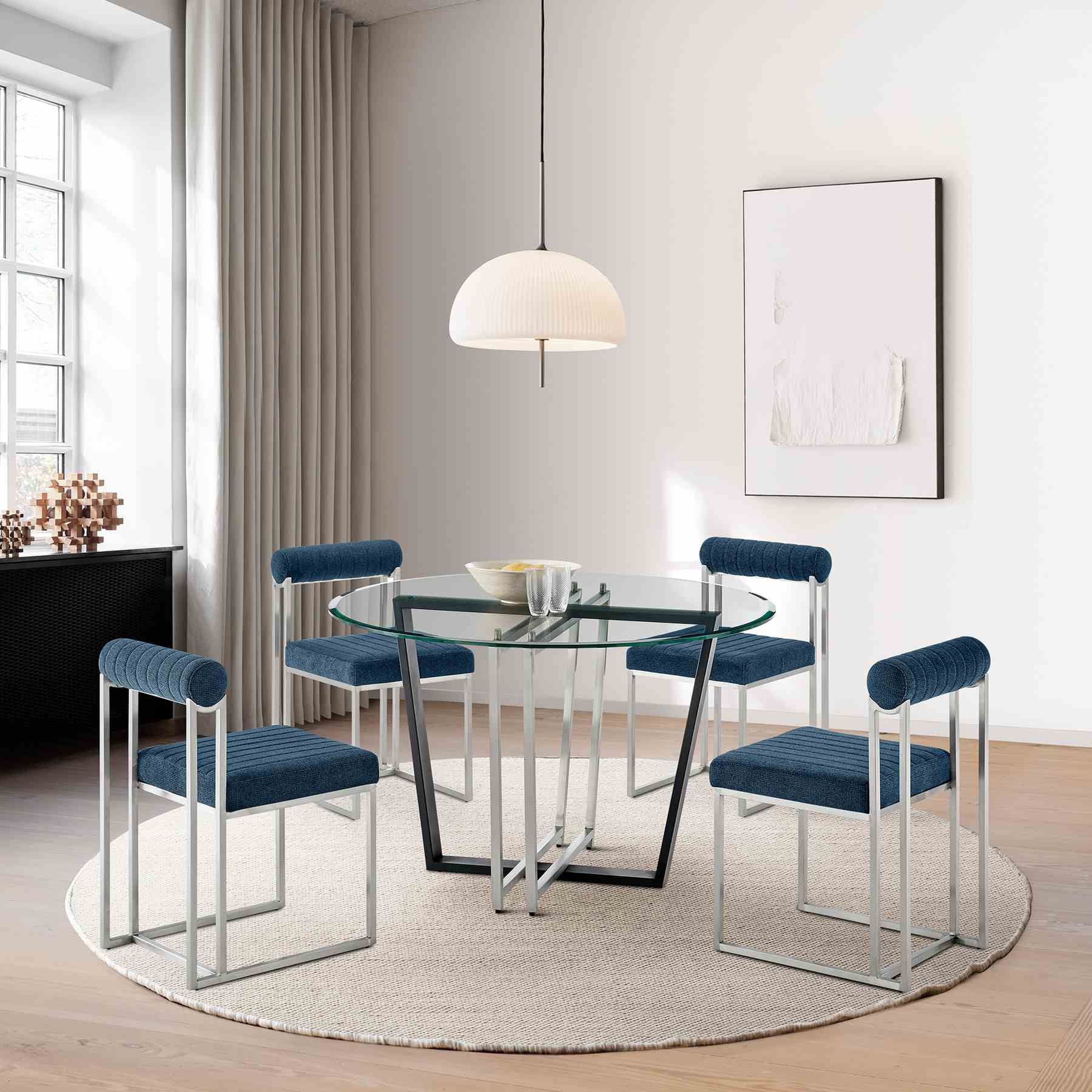 Devi Anastasia 5 Piece Round Glass Dining Table Set with Brushed Stainless Steel and Blue Fabric - Image 10